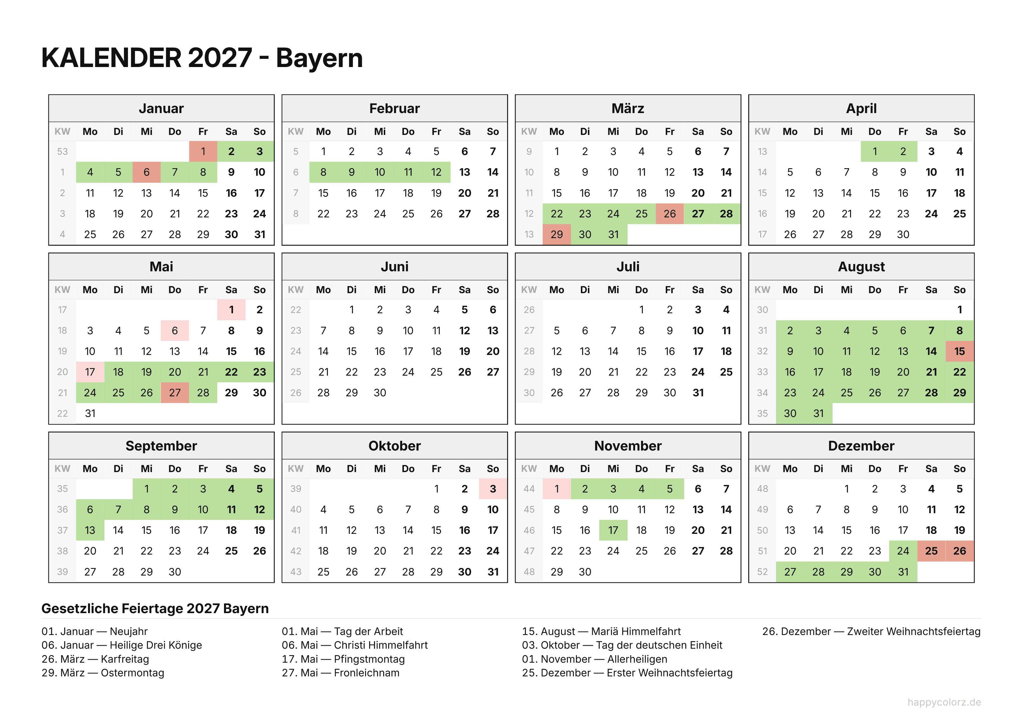 Kalender 2027 Bayern zum Ausdrucken