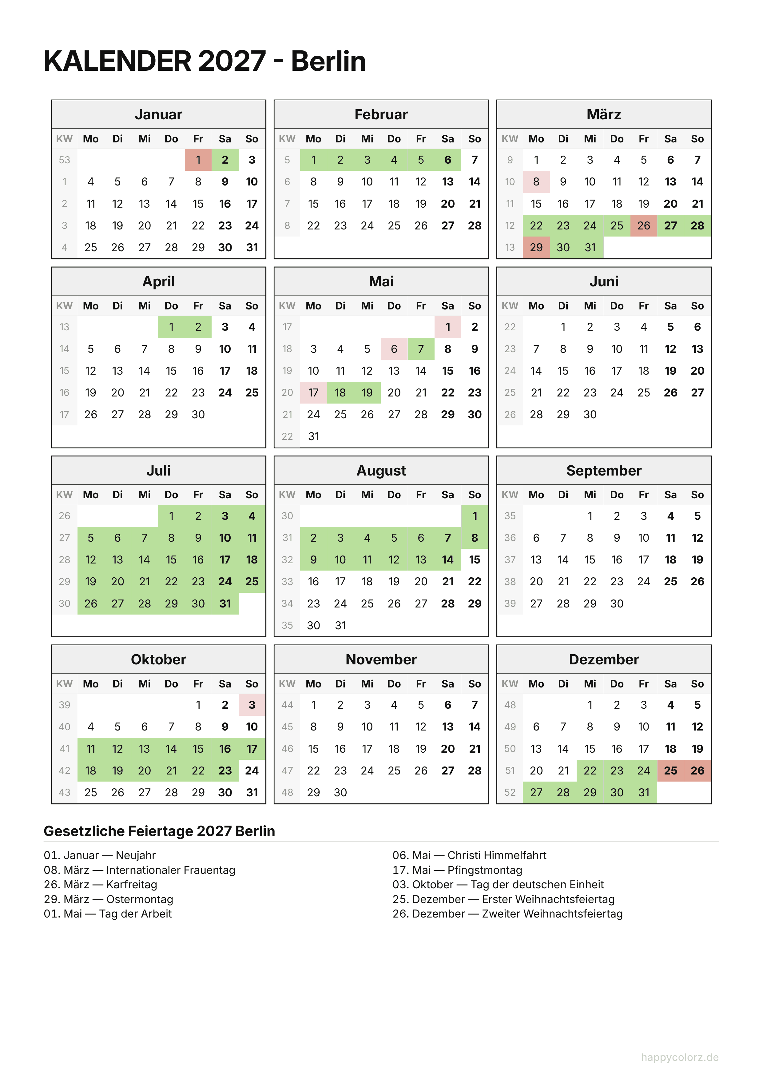 Kalender 2027 Berlin zum Ausdrucken