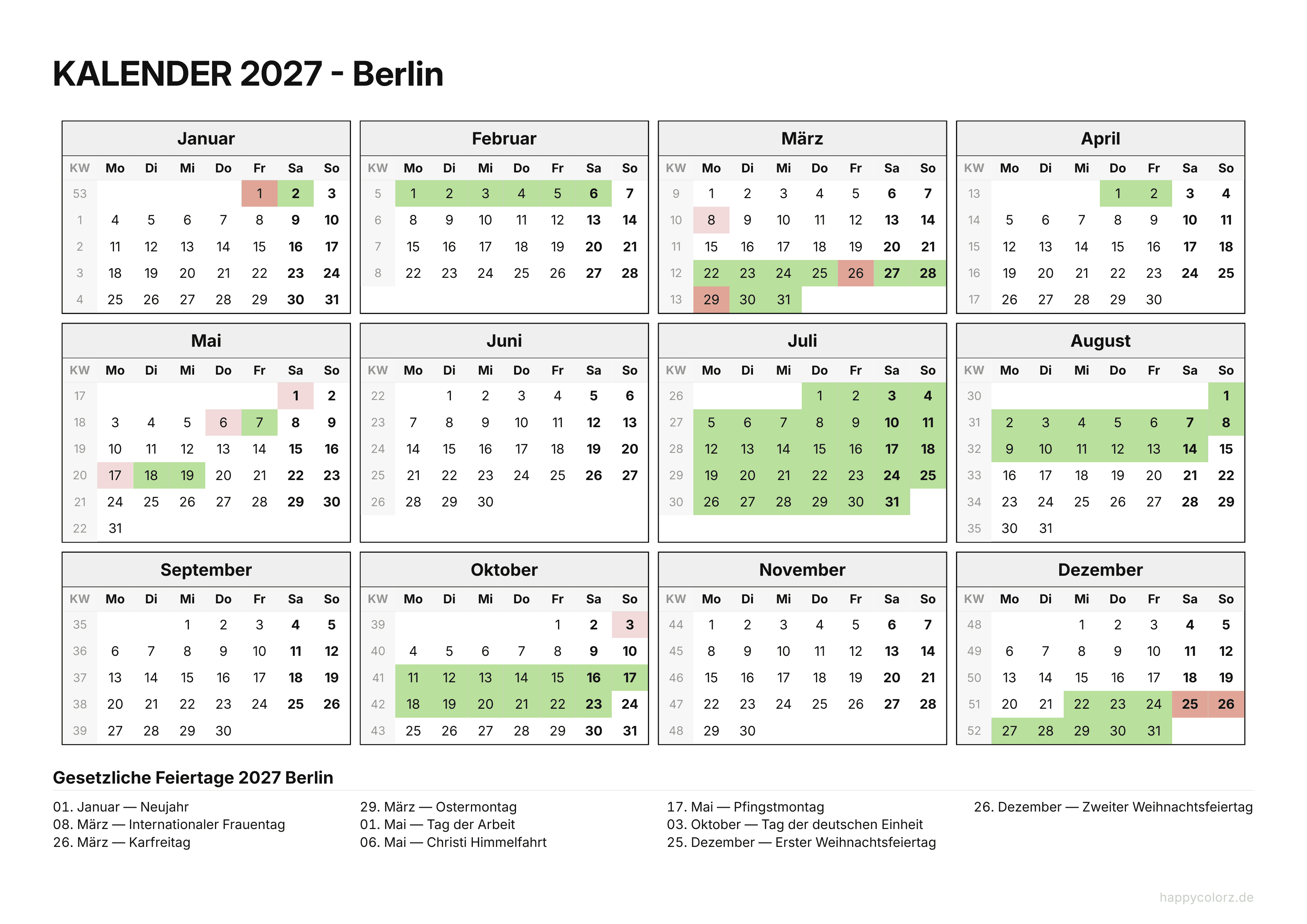 Kalender 2027 Berlin zum Ausdrucken