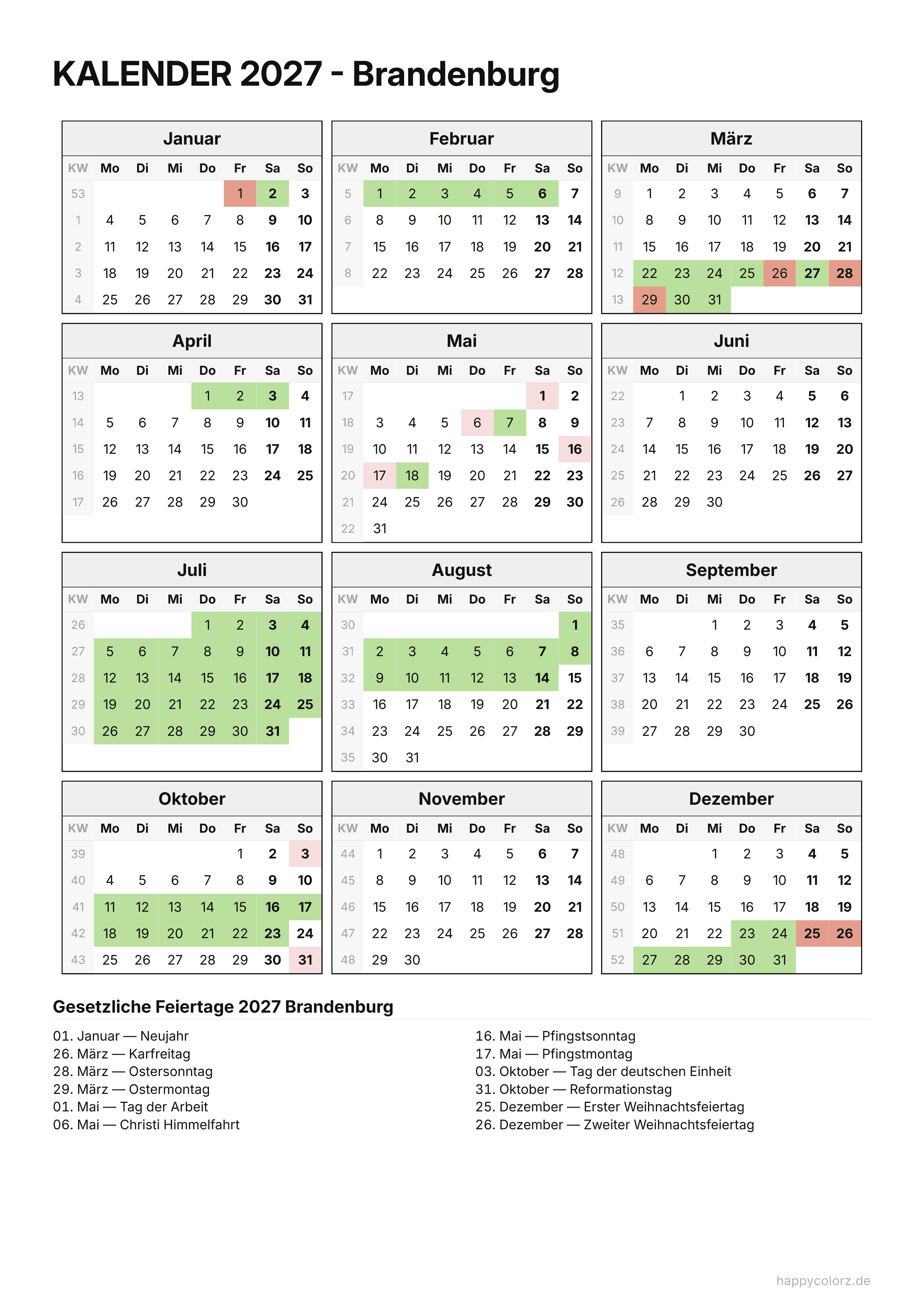 Kalender 2027 Brandenburg zum Ausdrucken