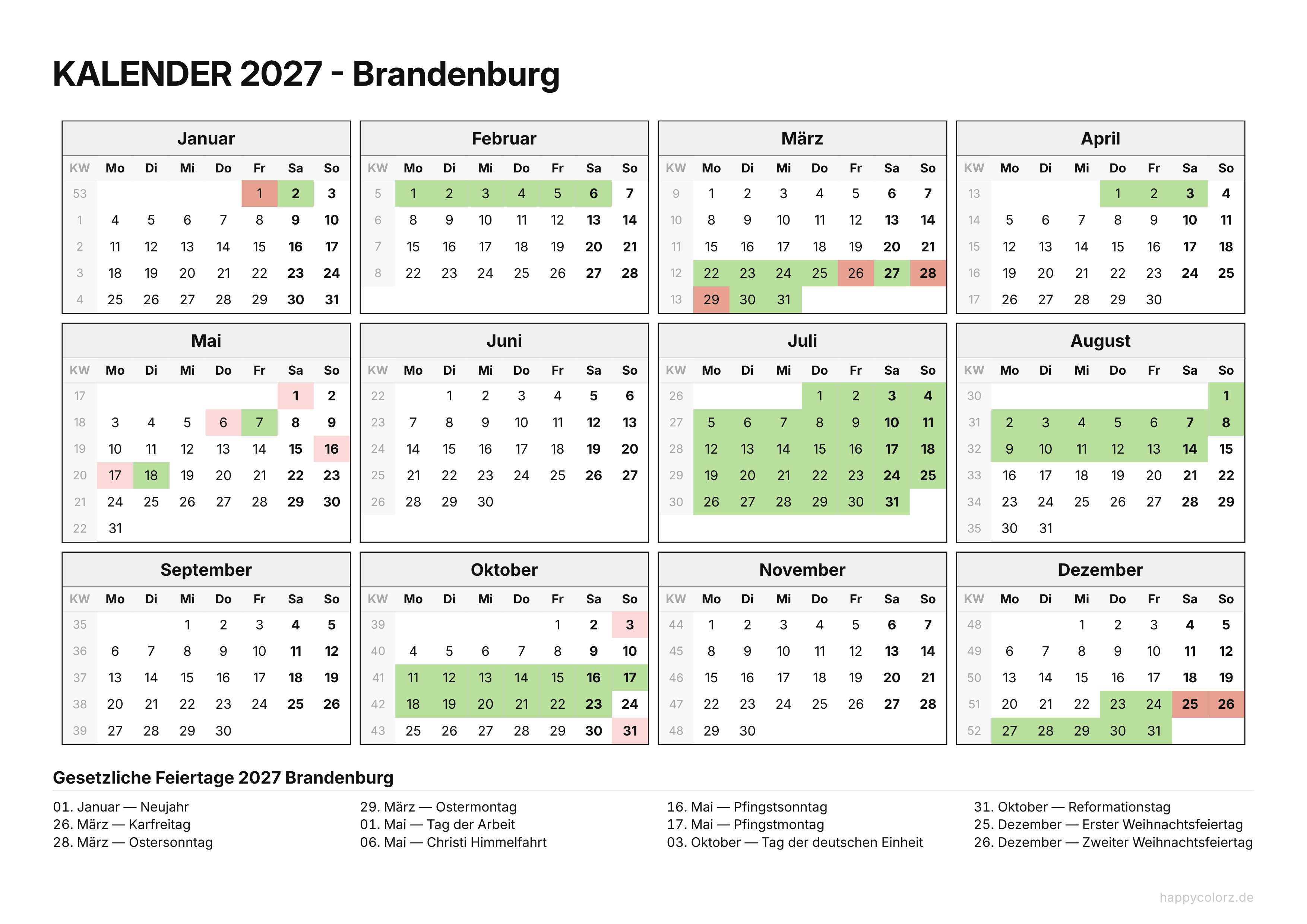 Kalender 2027 Brandenburg zum Ausdrucken