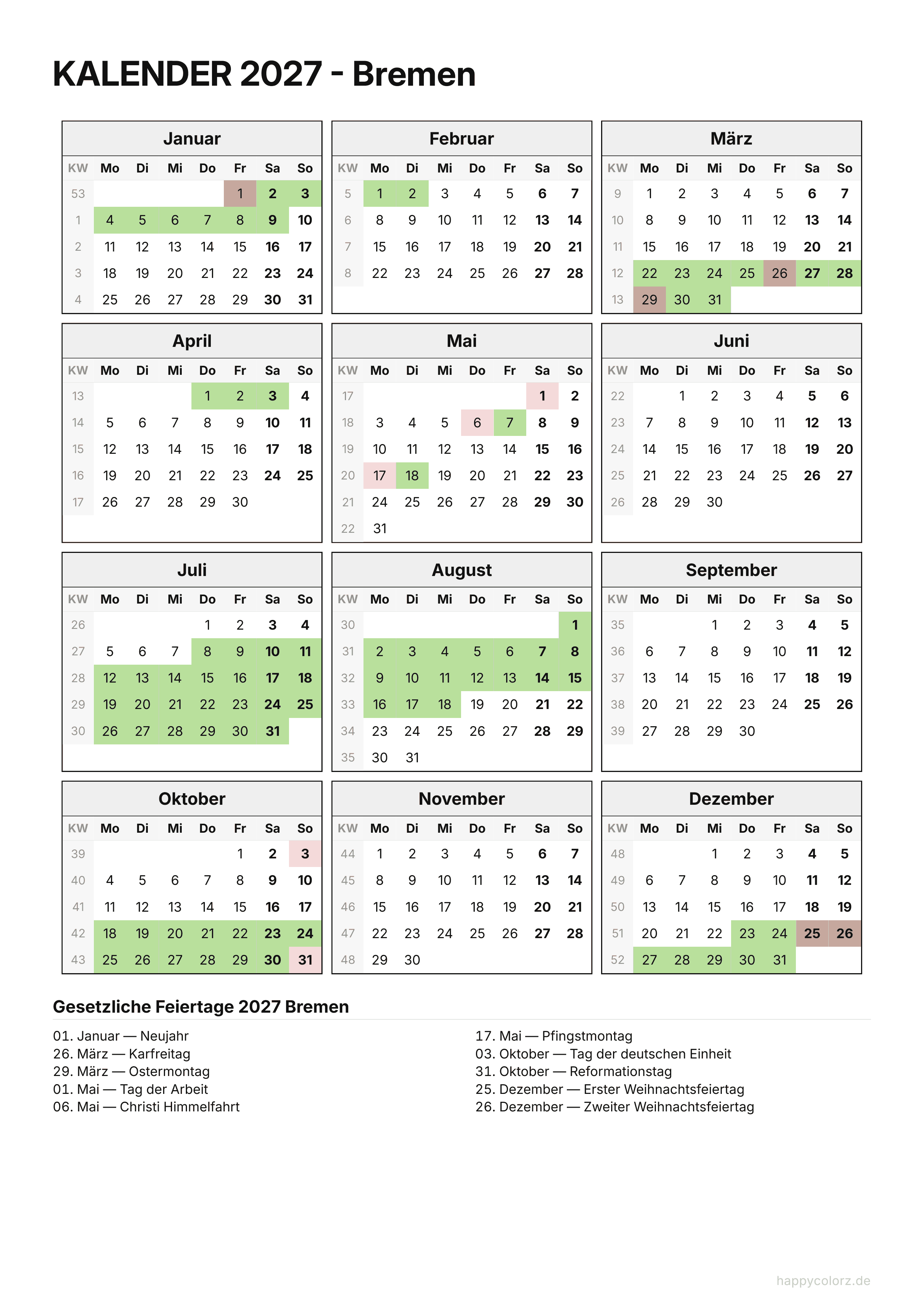 Kalender 2027 Bremen zum Ausdrucken