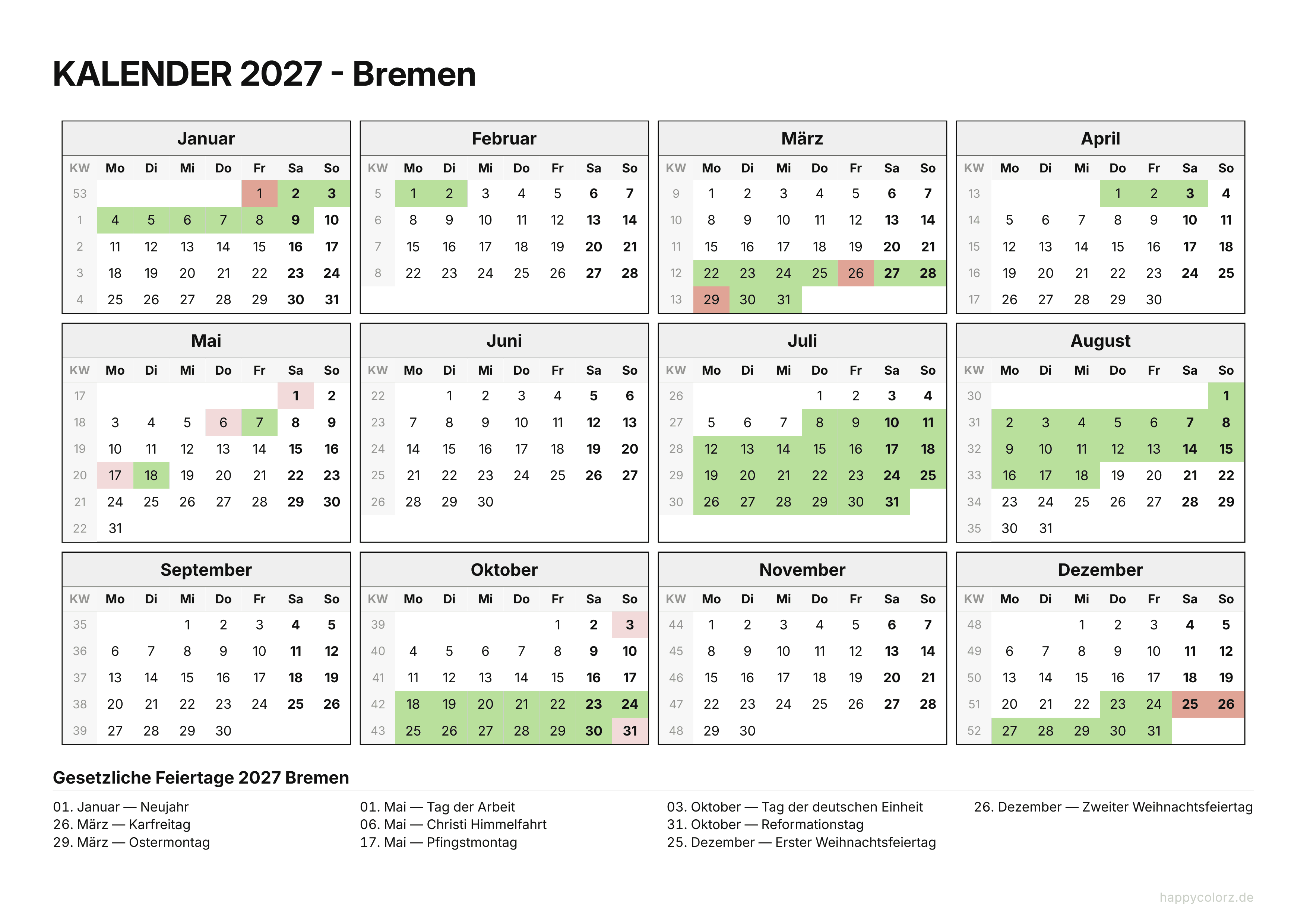 Kalender 2027 Bremen zum Ausdrucken