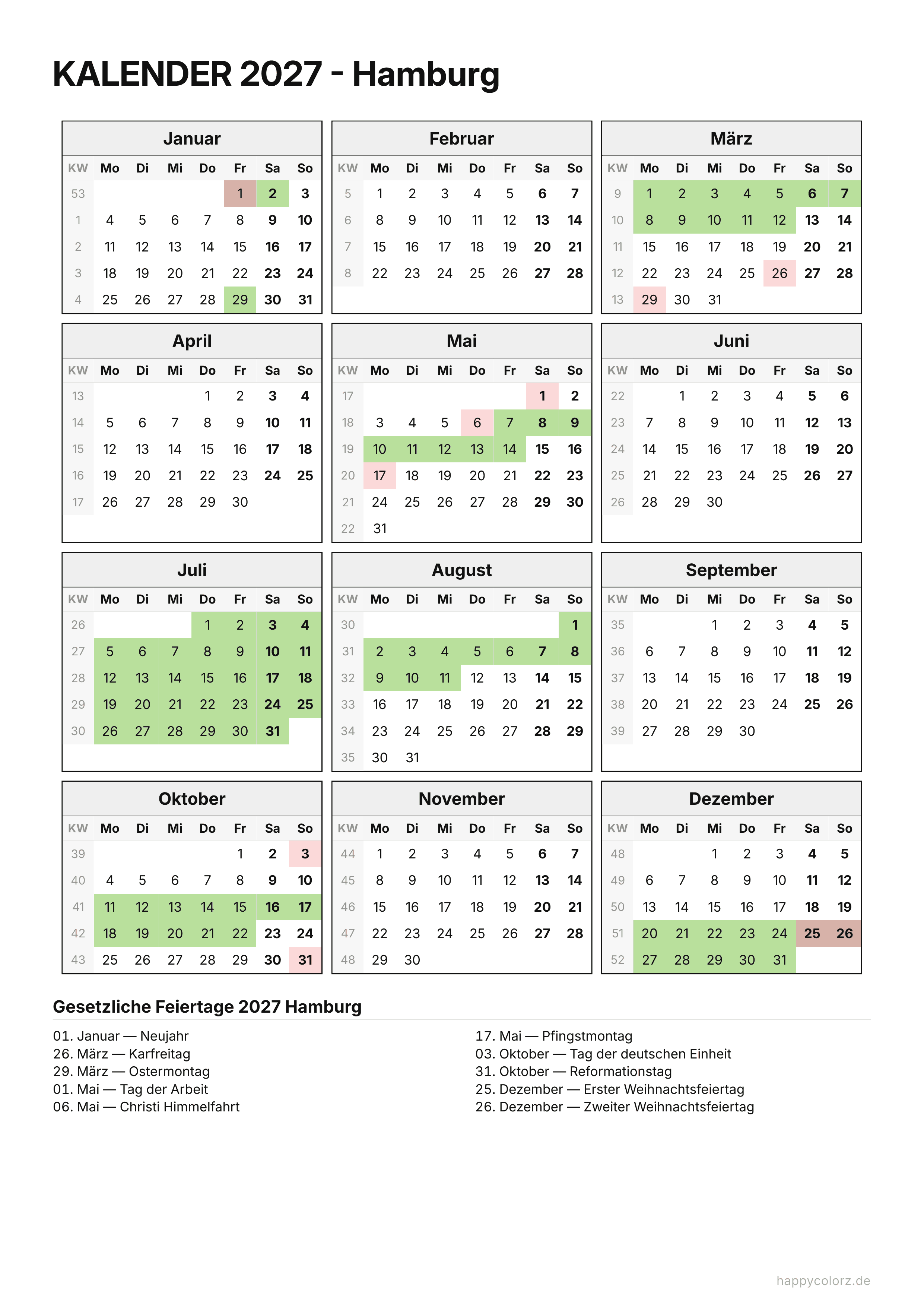 Kalender 2027 Hamburg zum Ausdrucken