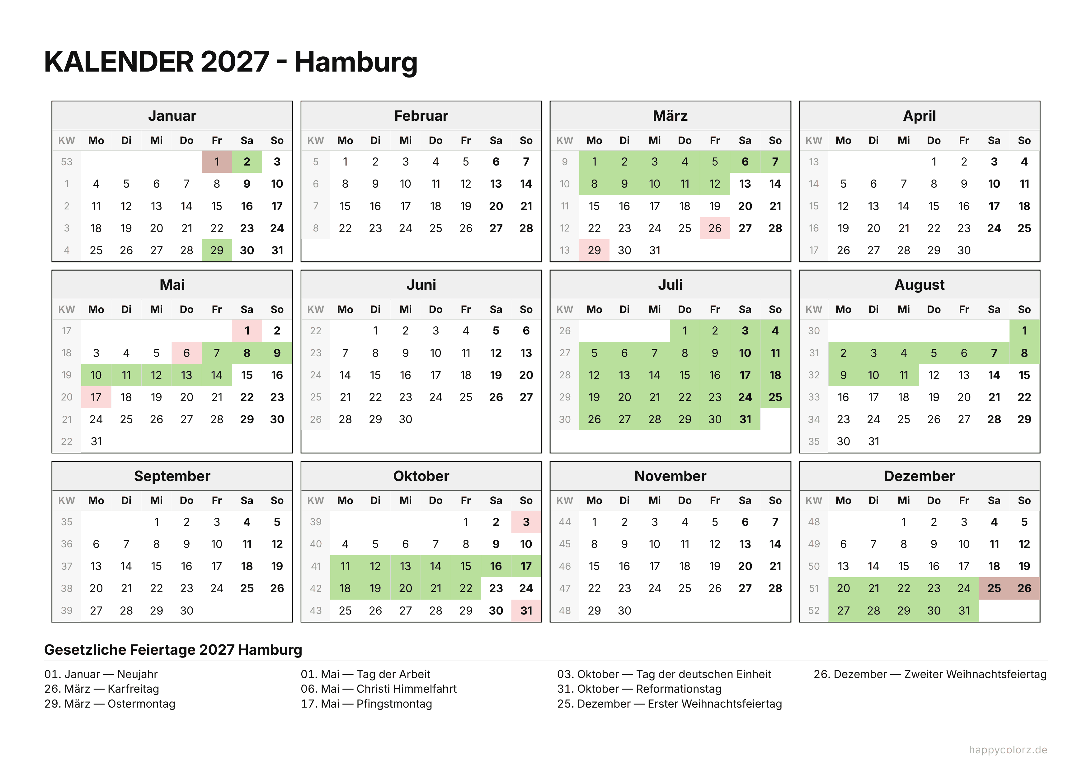 Kalender 2027 Hamburg zum Ausdrucken