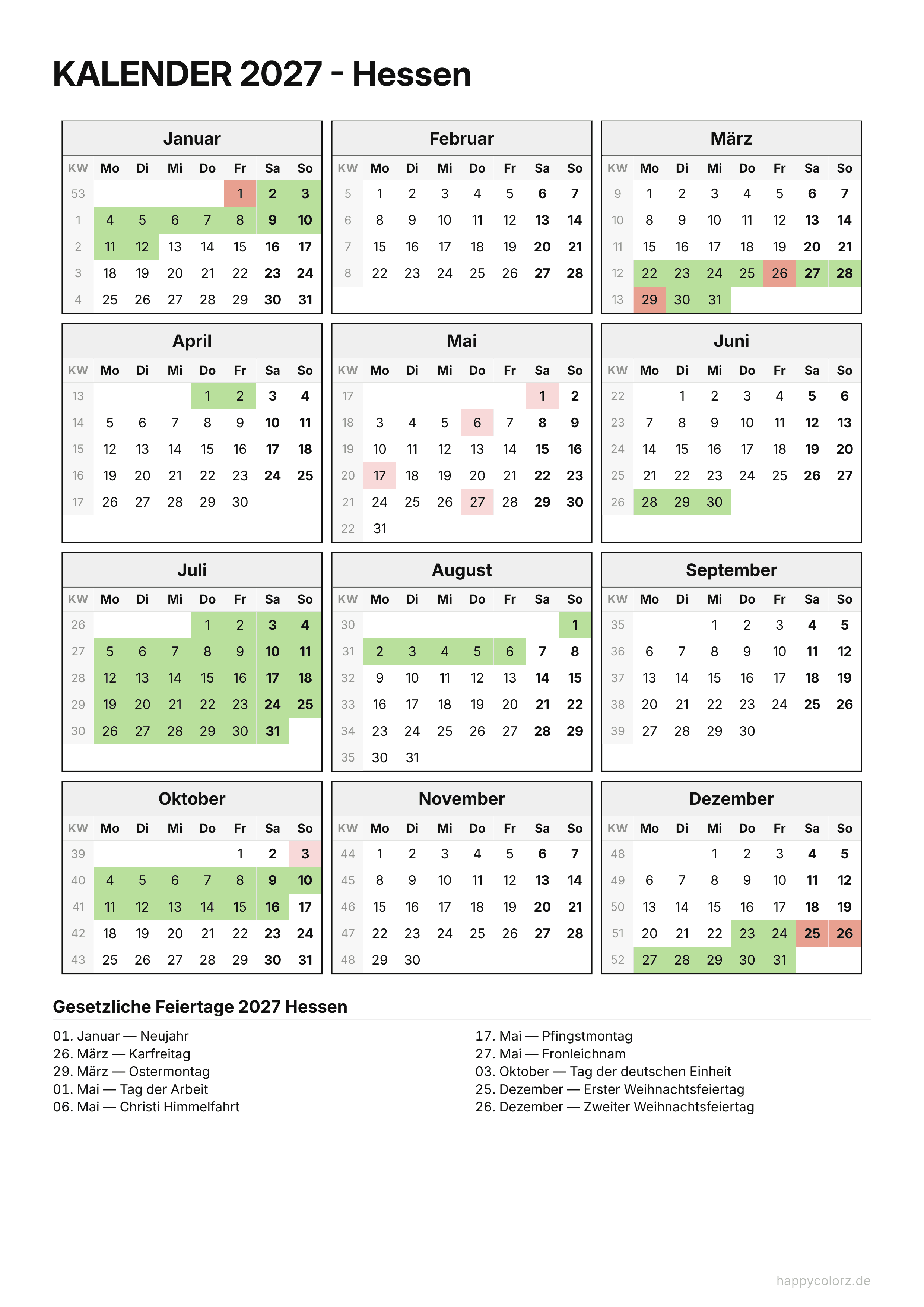 Kalender 2027 Hessen zum Ausdrucken