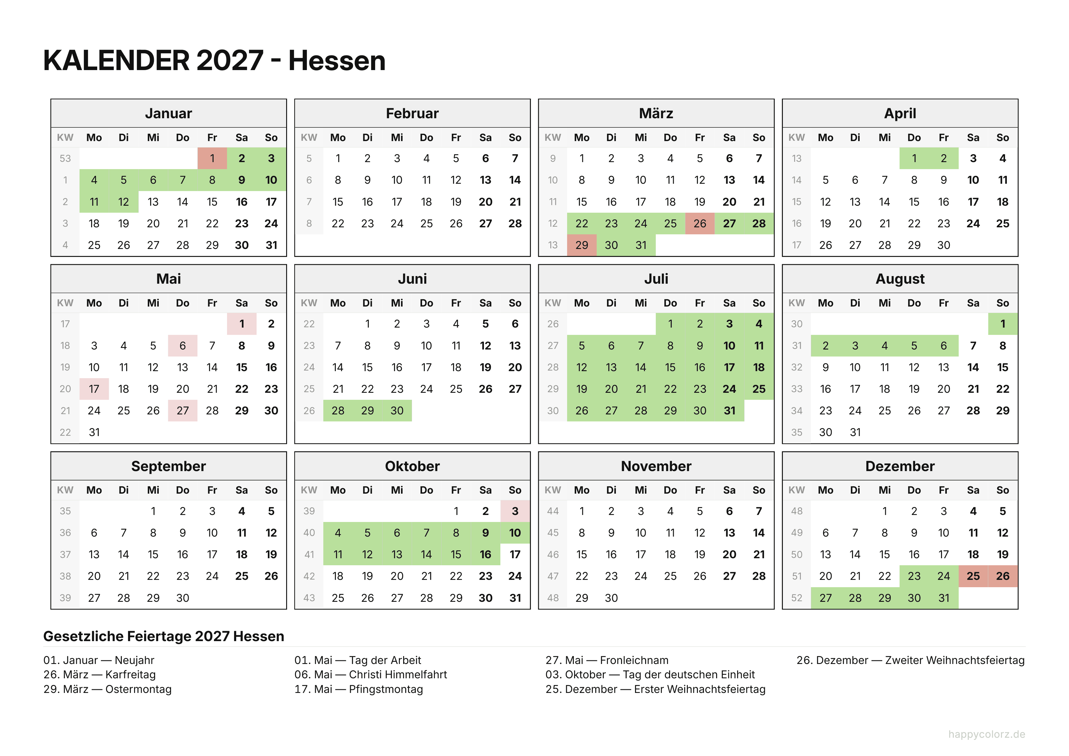 Kalender 2027 Hessen zum Ausdrucken