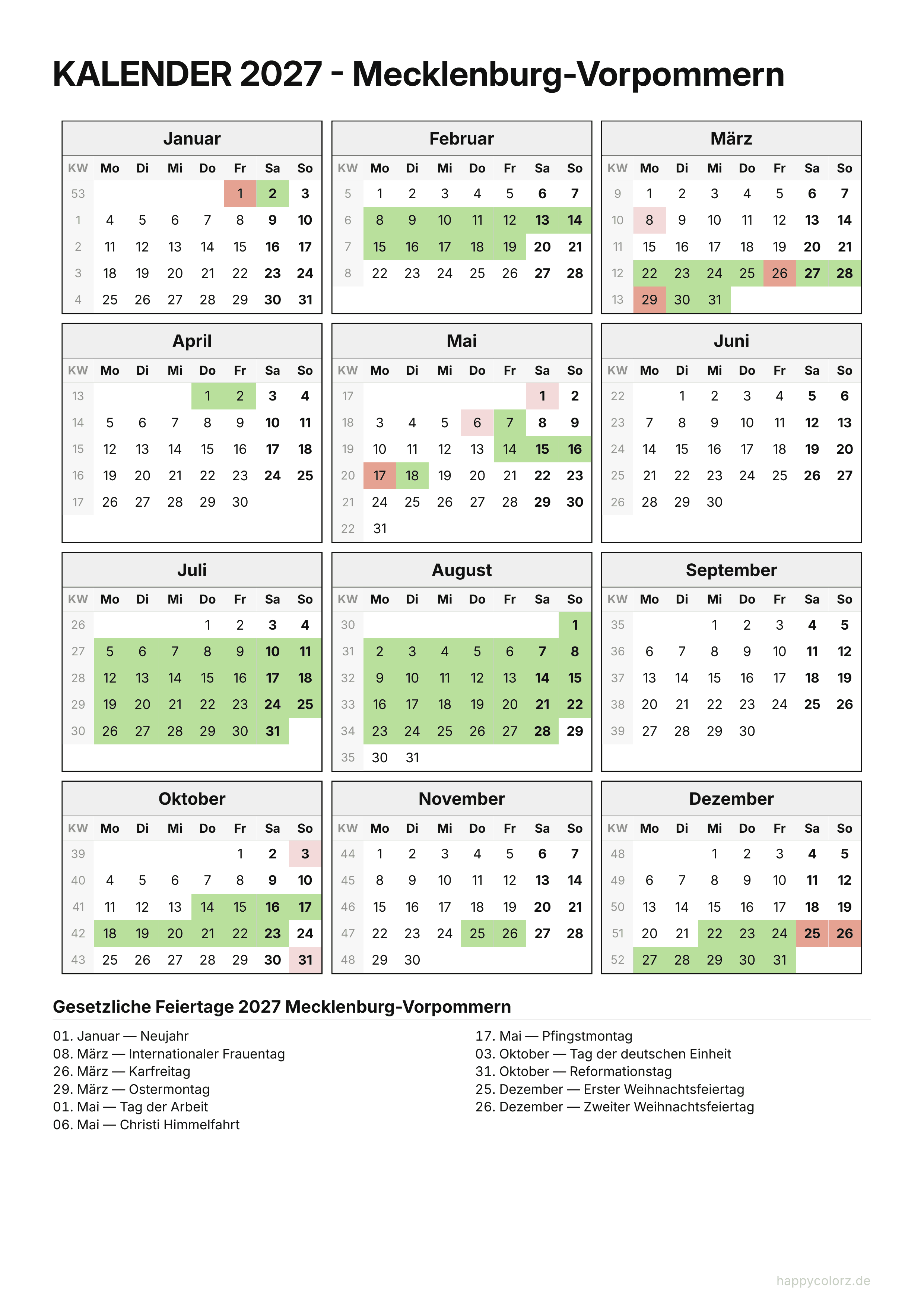 Kalender 2027 Mecklenburg-Vorpommern zum Ausdrucken