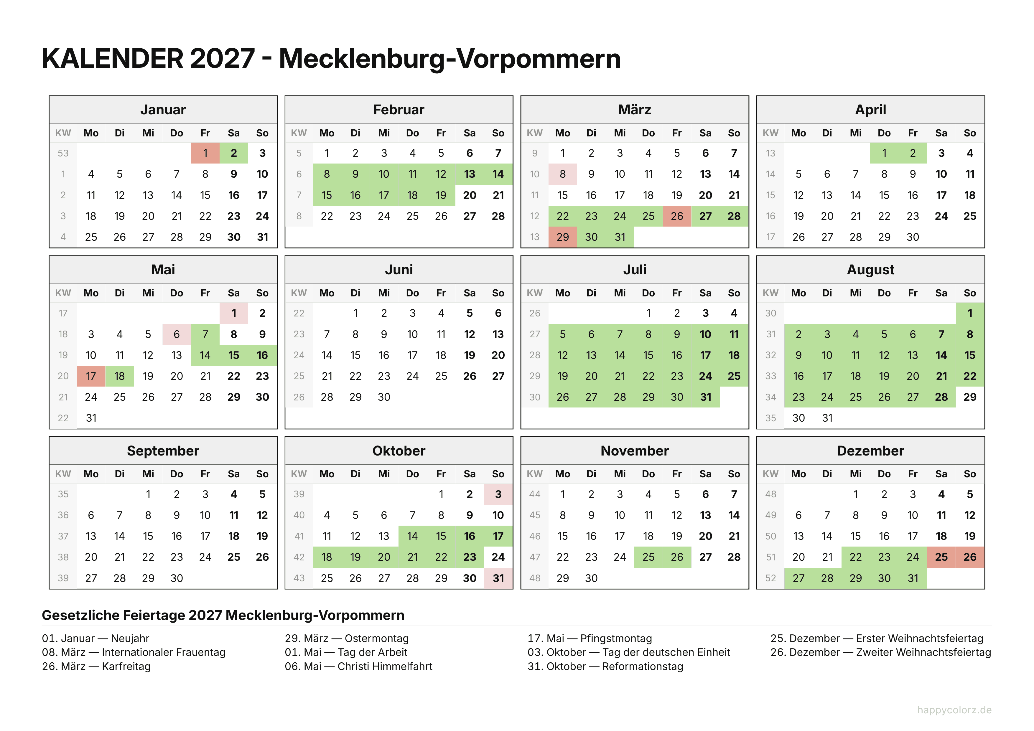 Kalender 2027 Mecklenburg-Vorpommern zum Ausdrucken