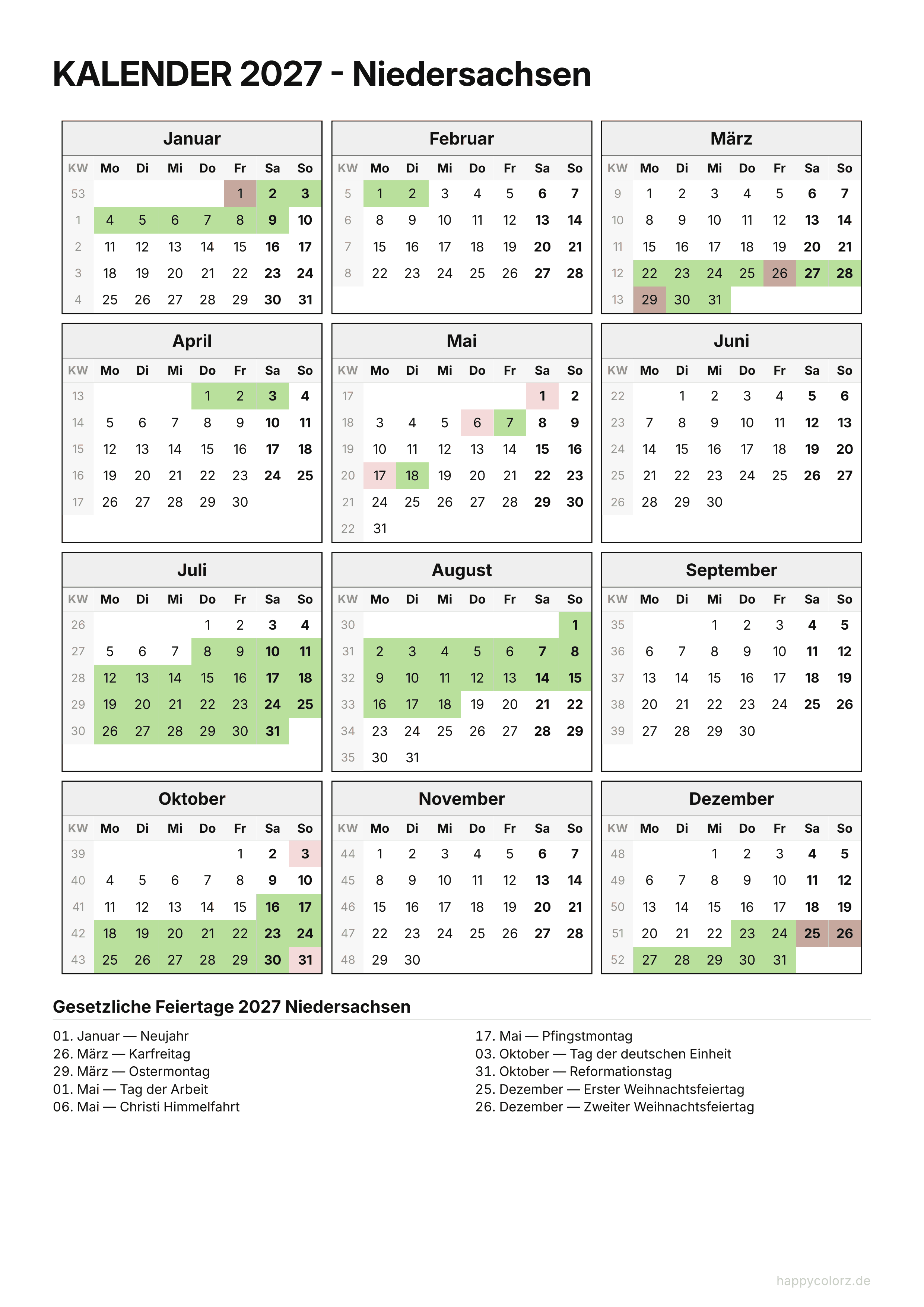 Kalender 2027 Niedersachsen zum Ausdrucken