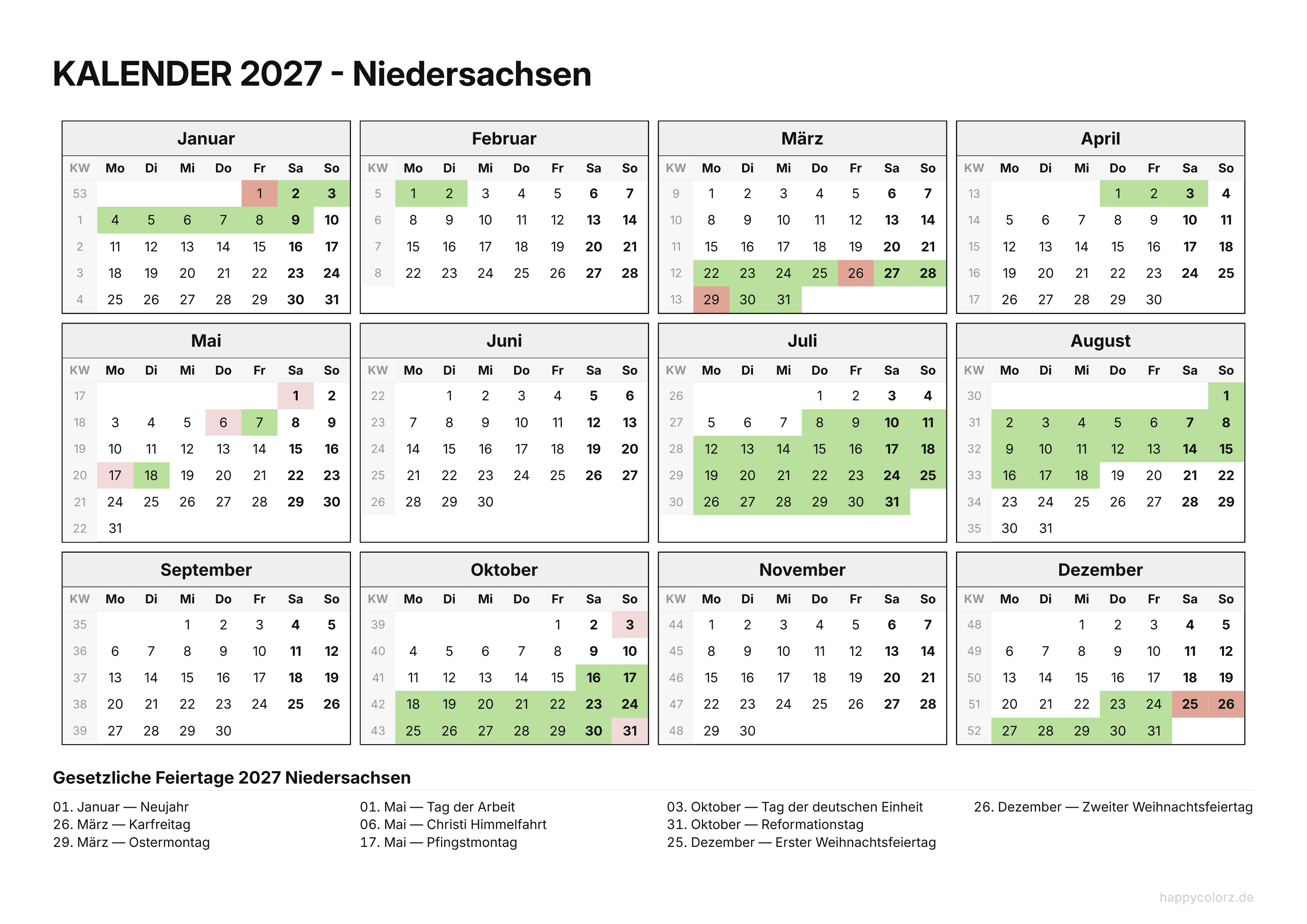 Kalender 2027 Niedersachsen zum Ausdrucken