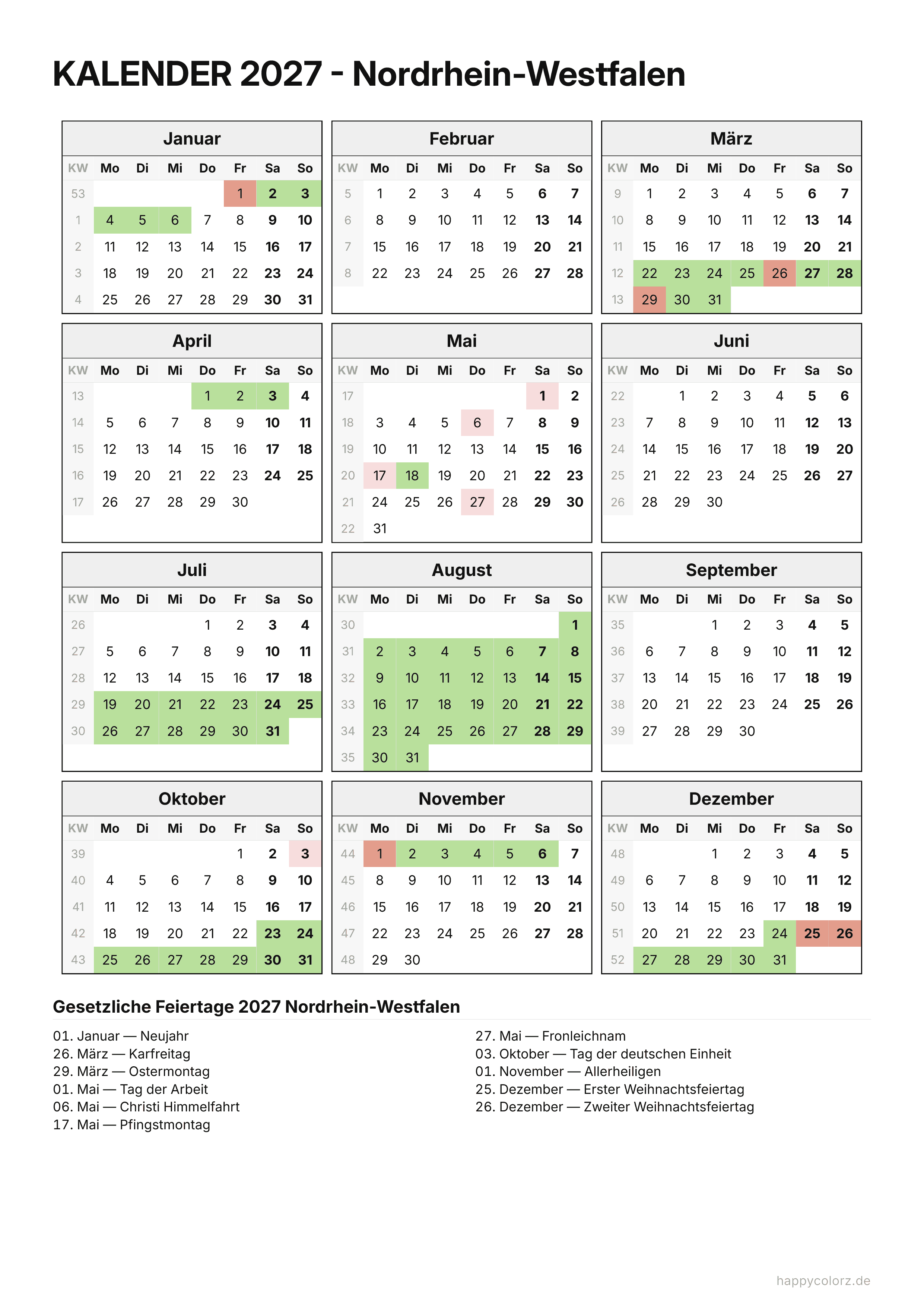 Kalender 2027 Nordrhein-Westfalen zum Ausdrucken