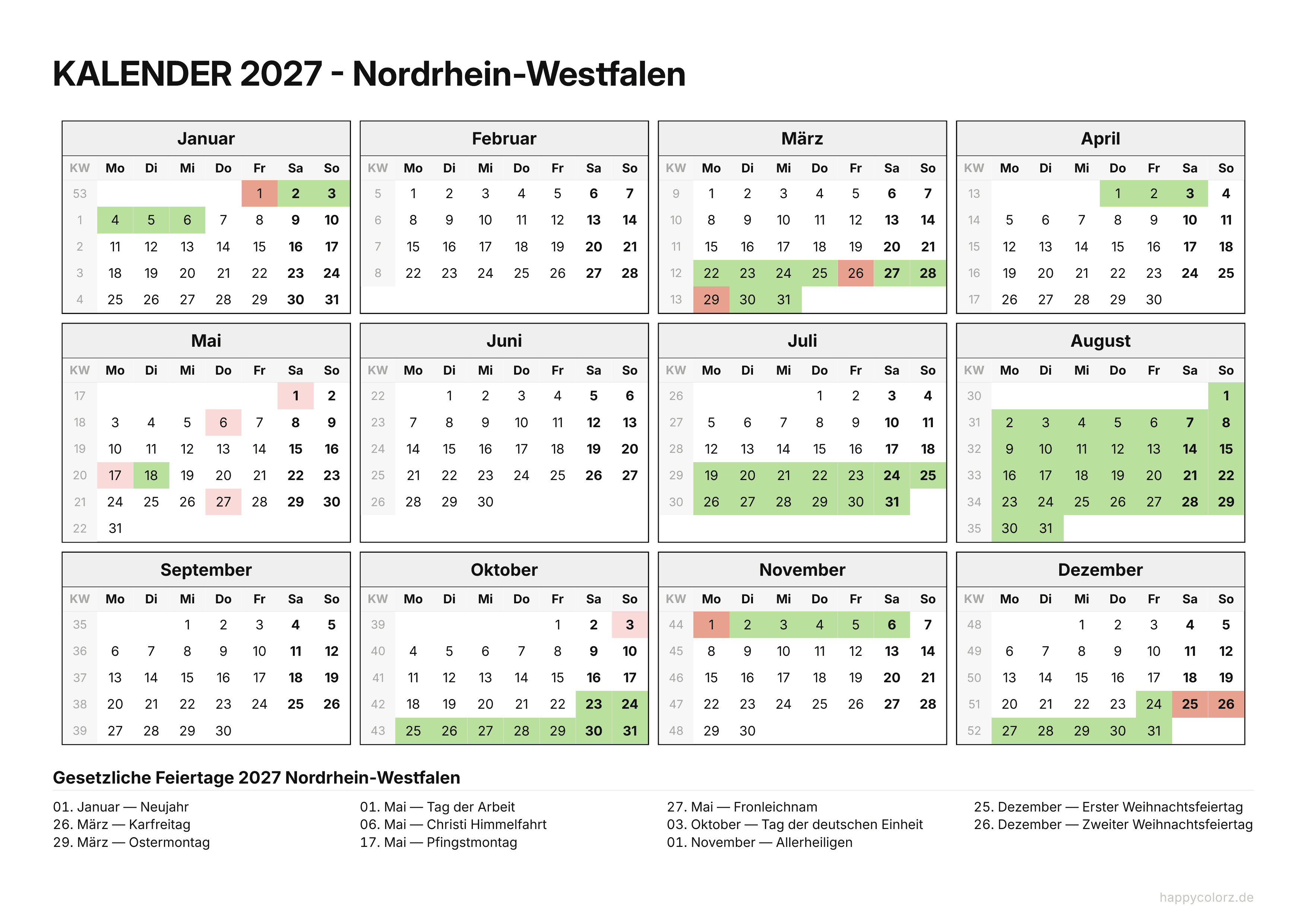 Kalender 2027 Nordrhein-Westfalen zum Ausdrucken