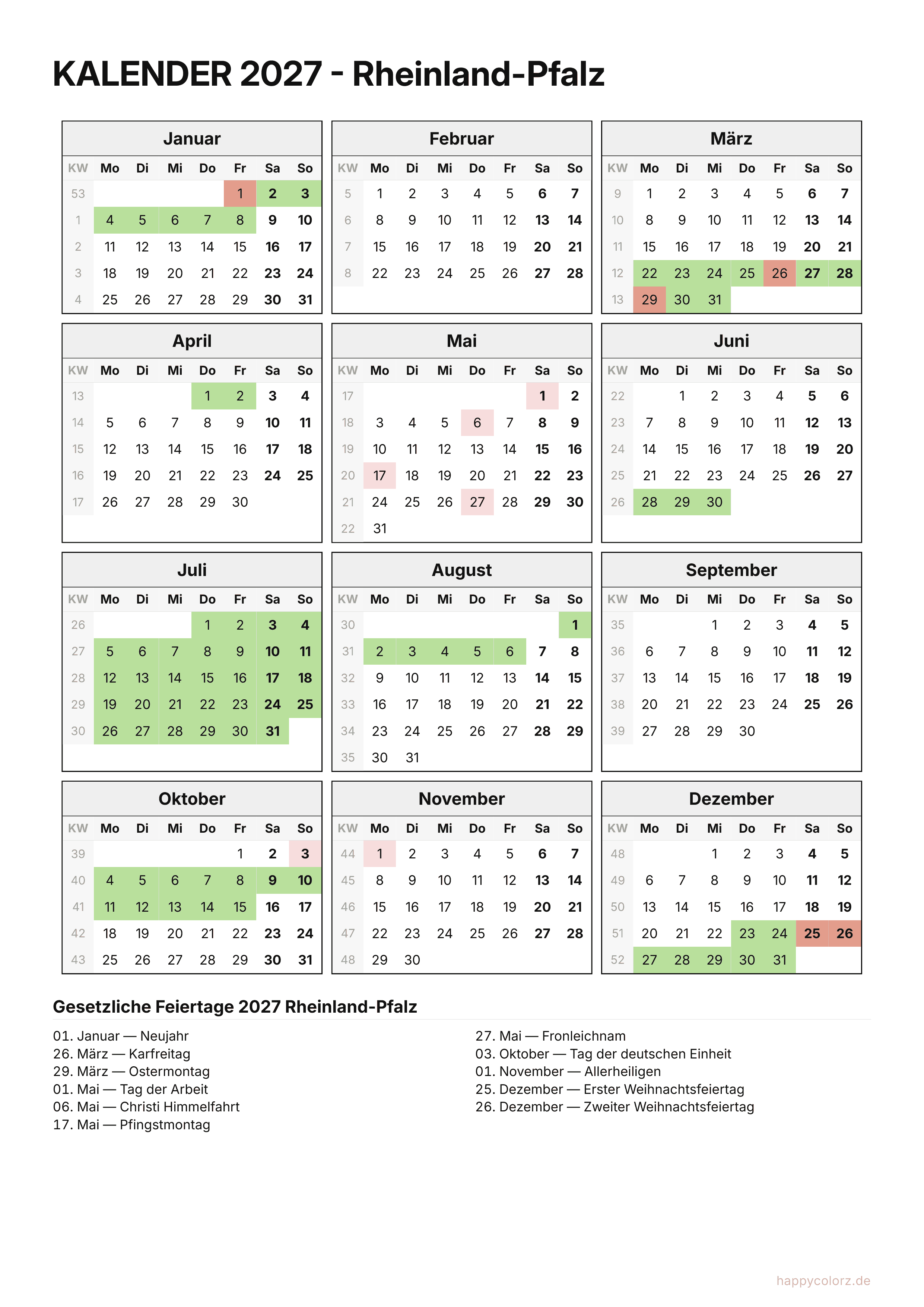 Kalender 2027 Rheinland-Pfalz zum Ausdrucken