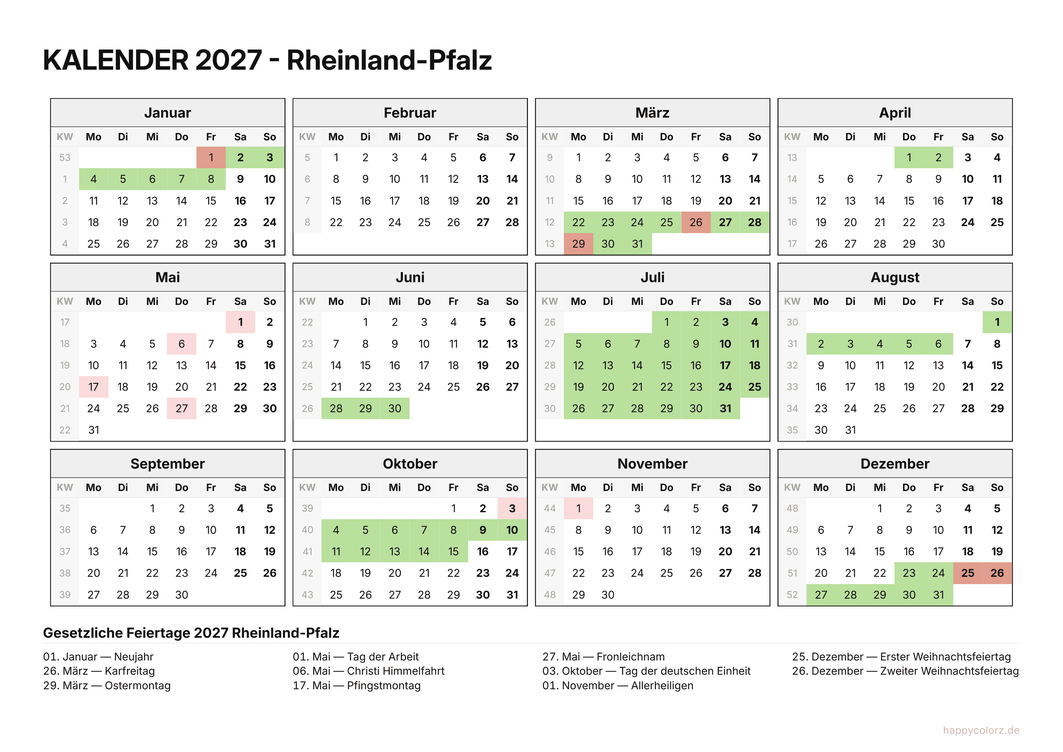 Kalender 2027 Rheinland-Pfalz zum Ausdrucken