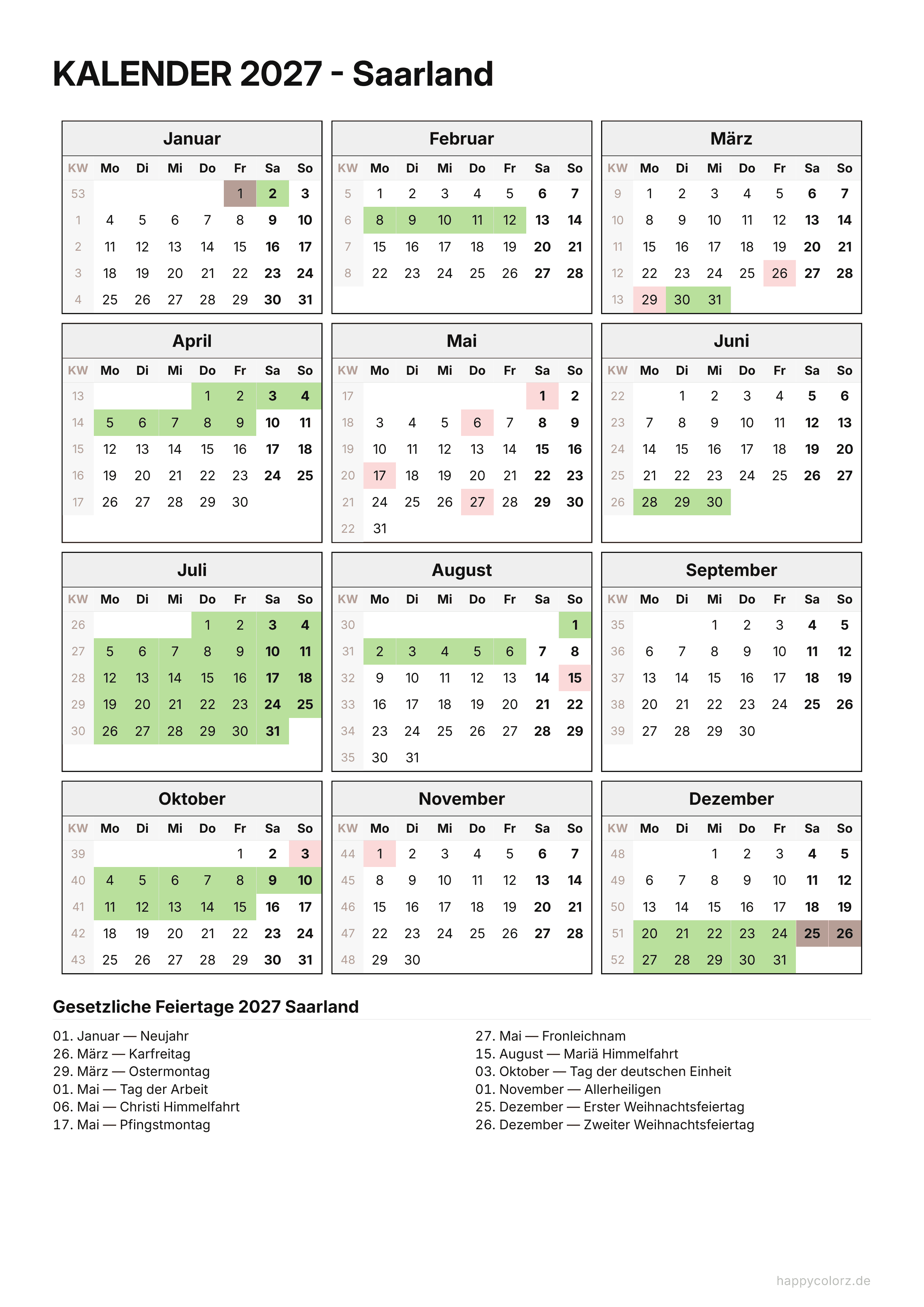 Kalender 2027 Saarland zum Ausdrucken