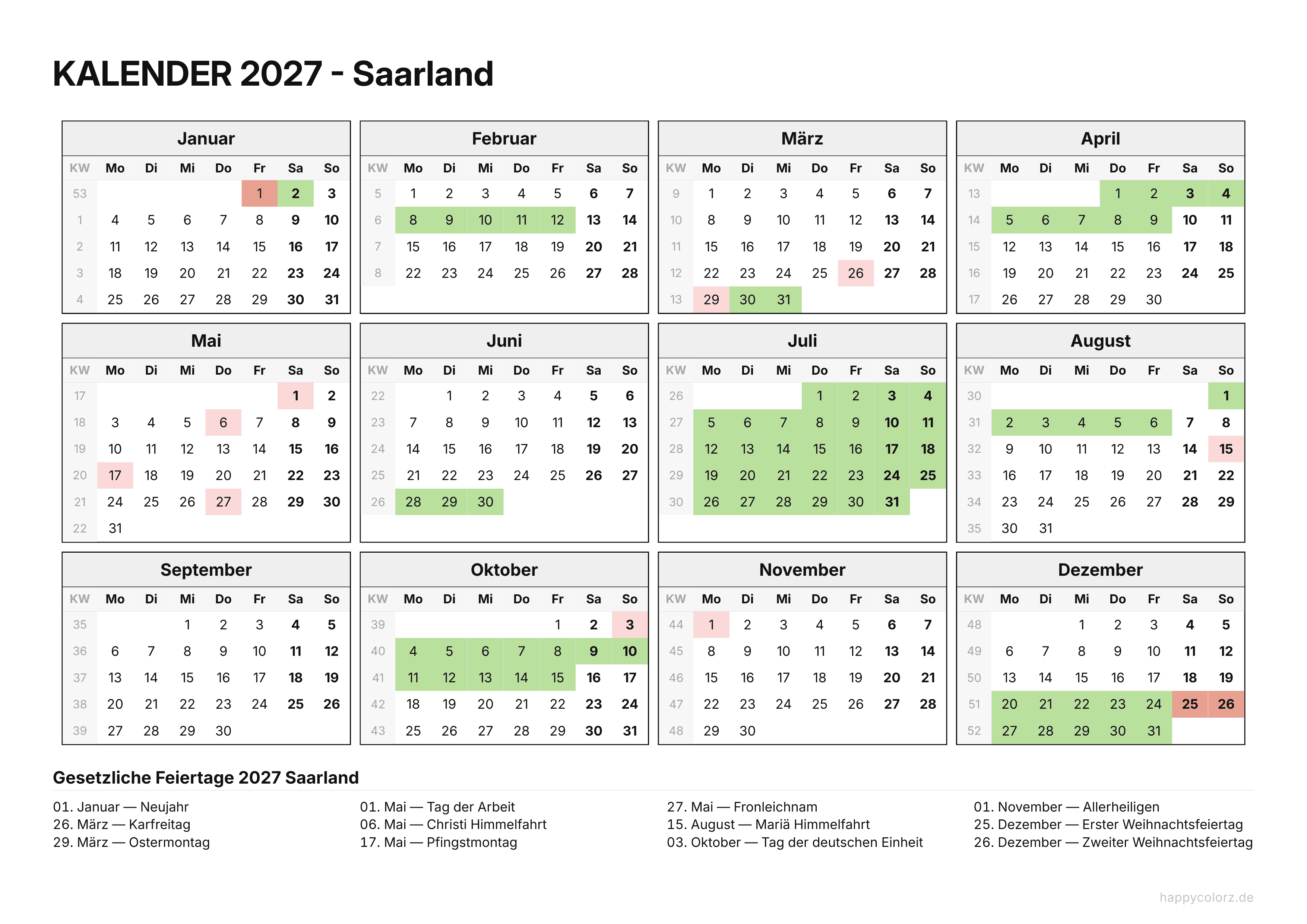Kalender 2027 Saarland zum Ausdrucken