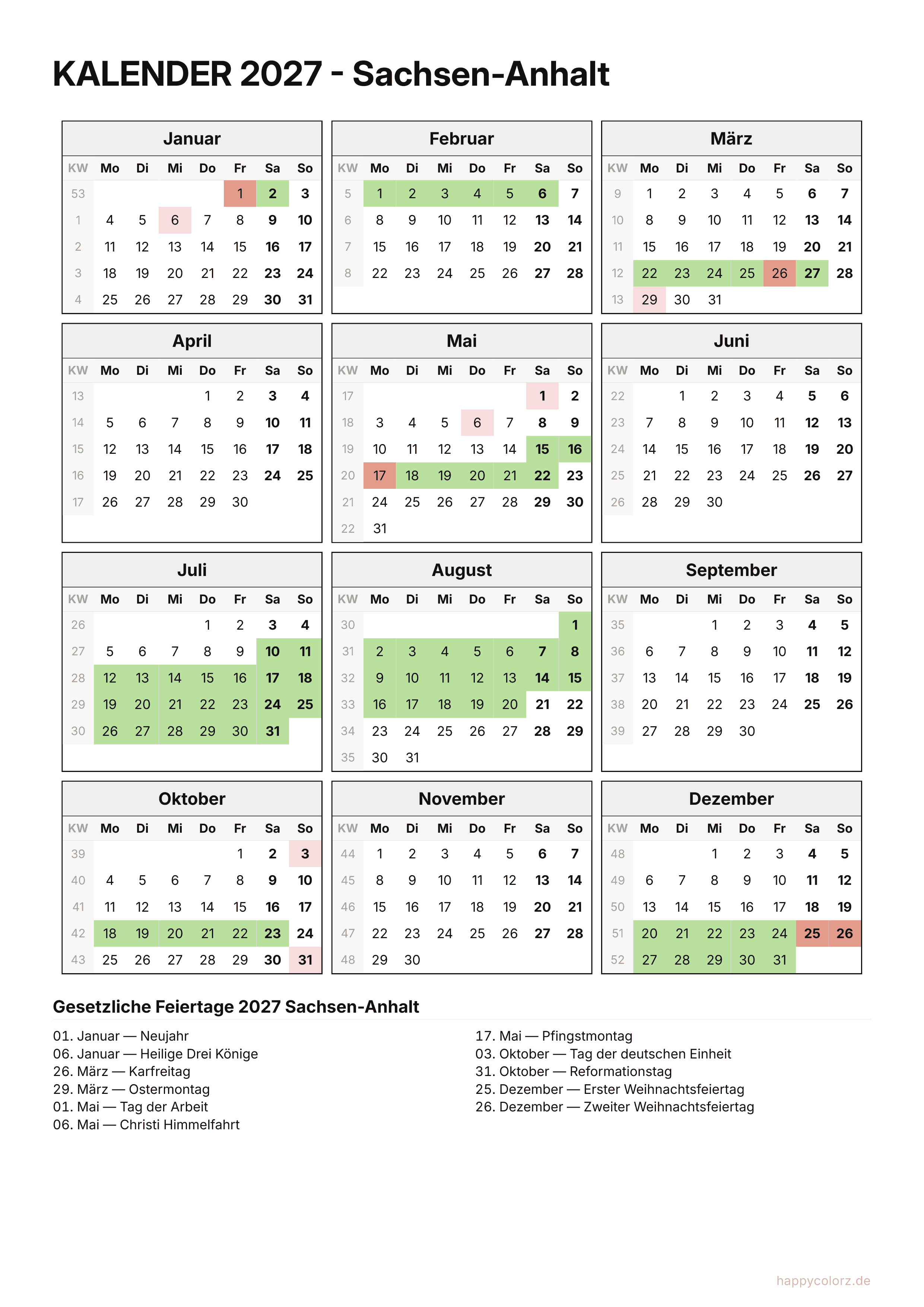 Kalender 2027 Sachsen-Anhalt zum Ausdrucken