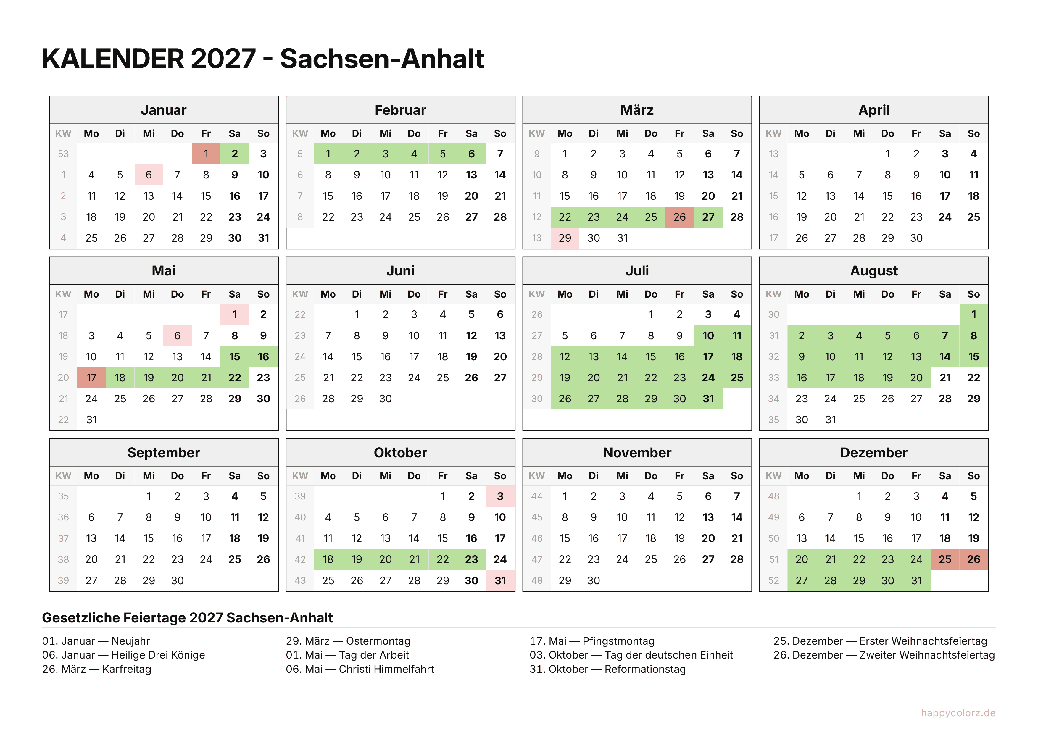 Kalender 2027 Sachsen-Anhalt zum Ausdrucken