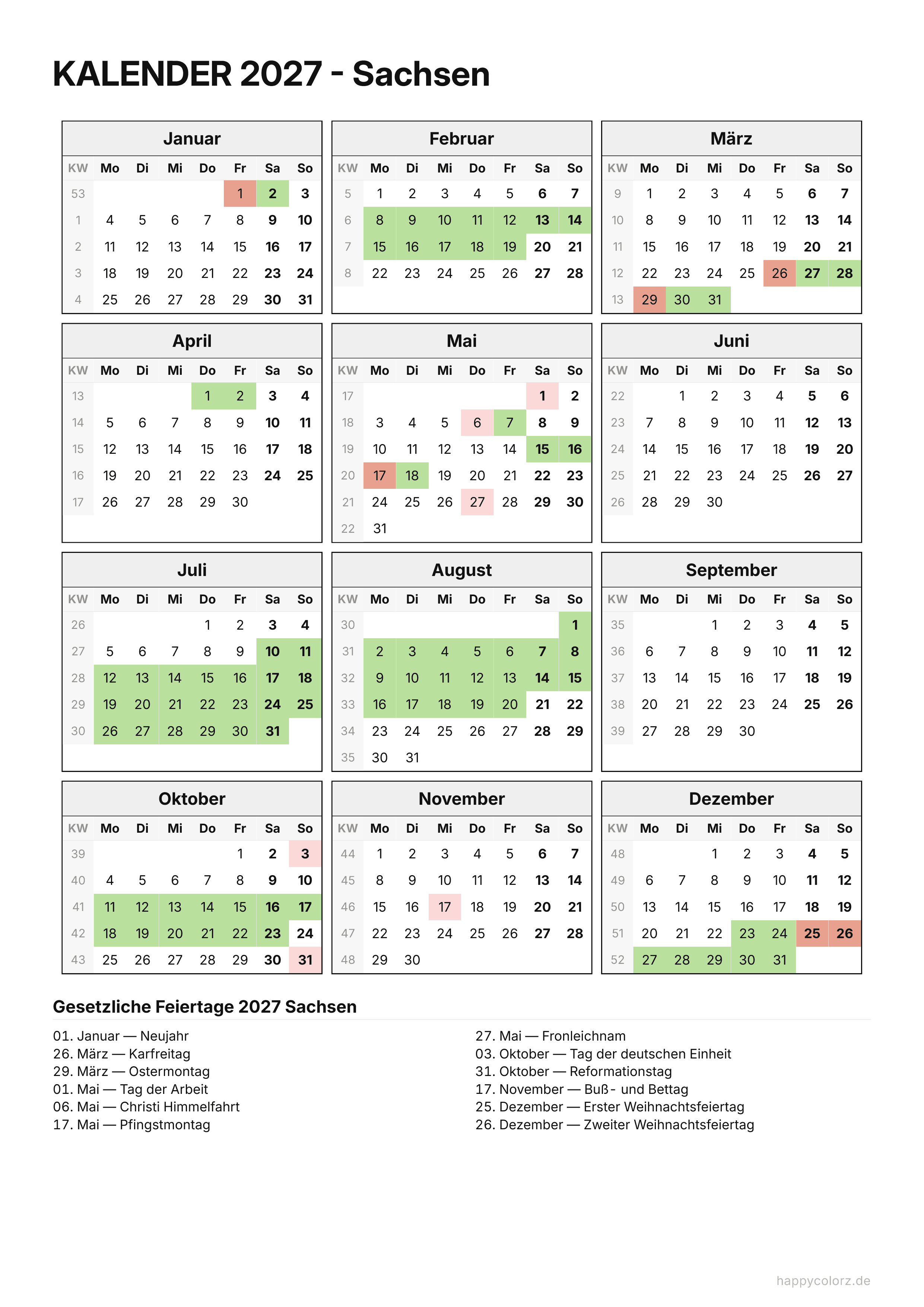 Kalender 2027 Sachsen zum Ausdrucken