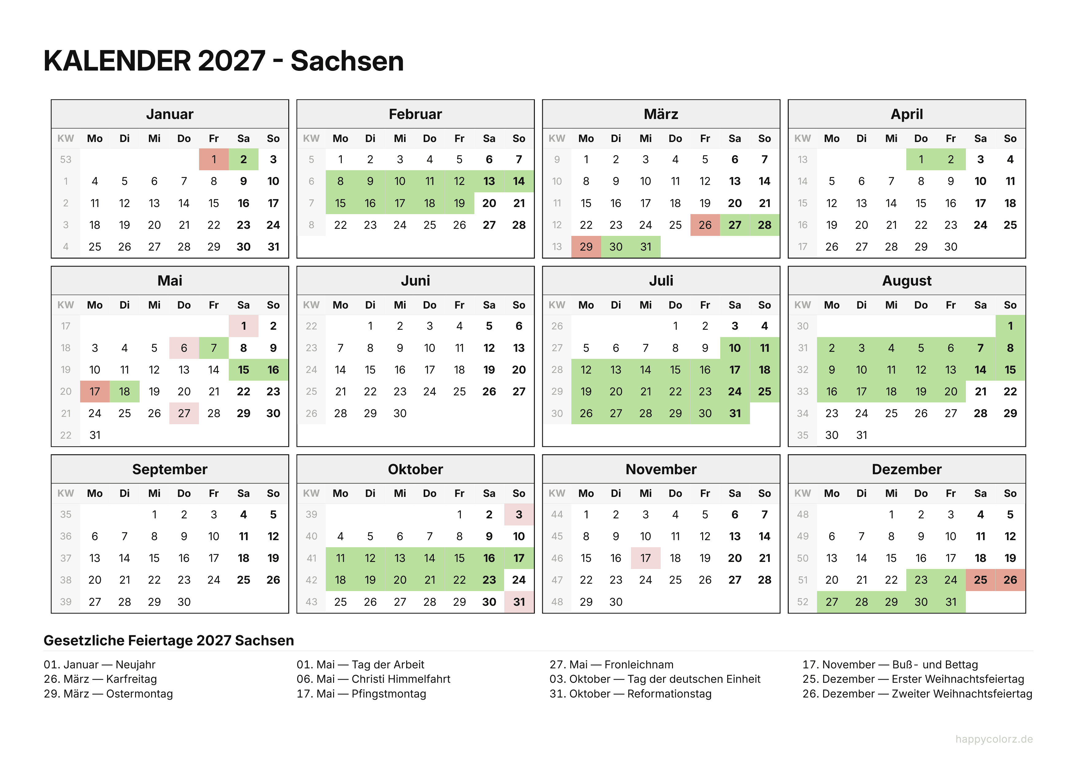 Kalender 2027 Sachsen zum Ausdrucken