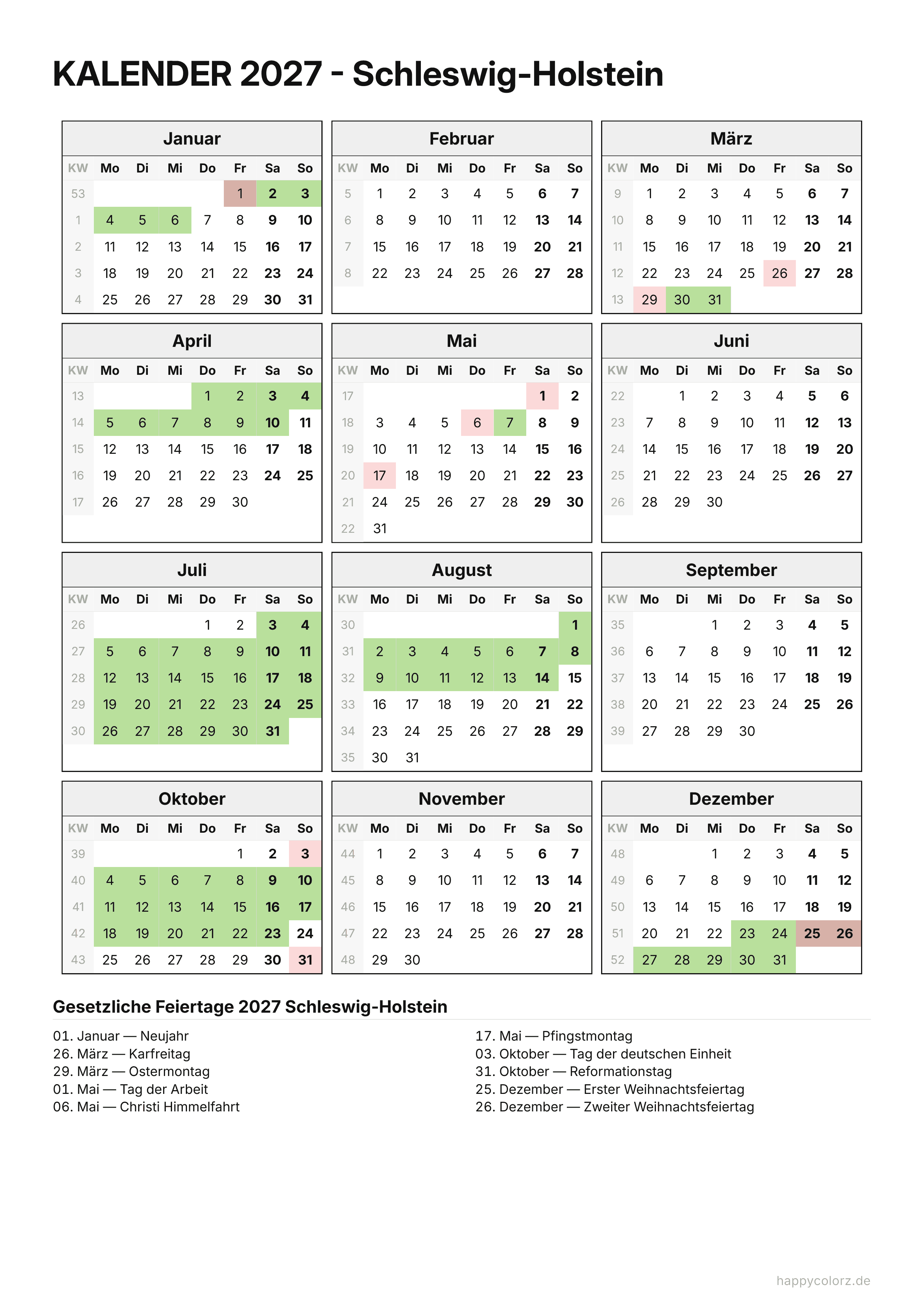 Kalender 2027 Schleswig-Holstein zum Ausdrucken