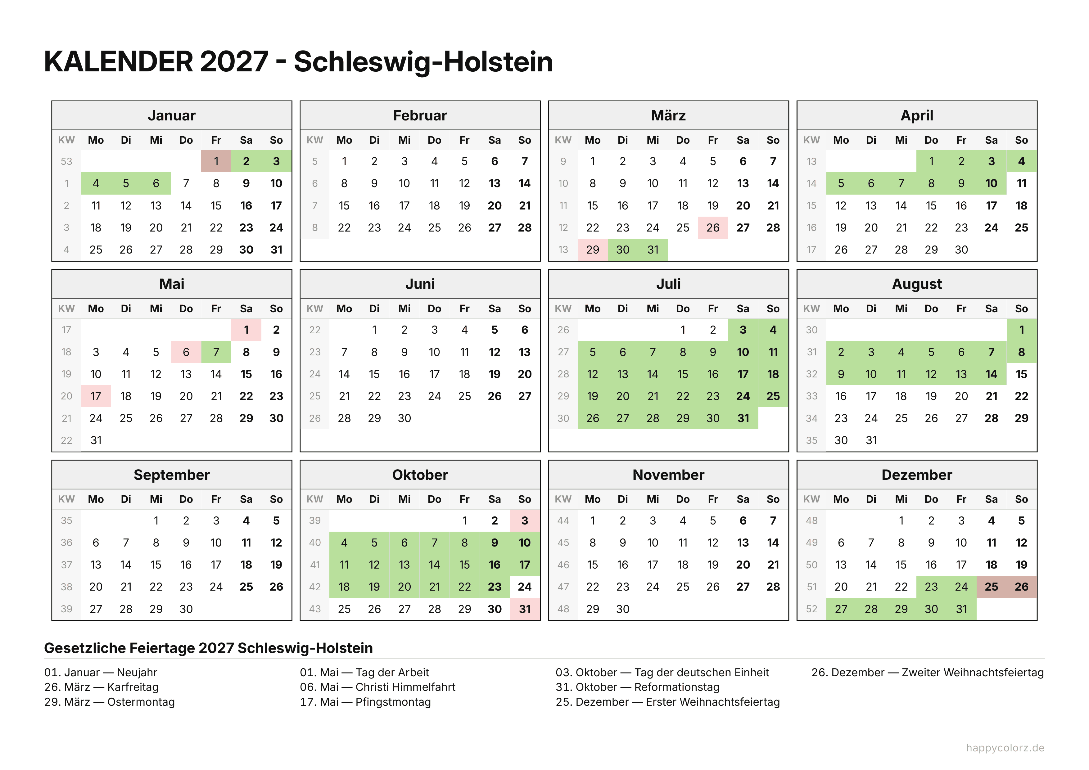 Kalender 2027 Schleswig-Holstein zum Ausdrucken