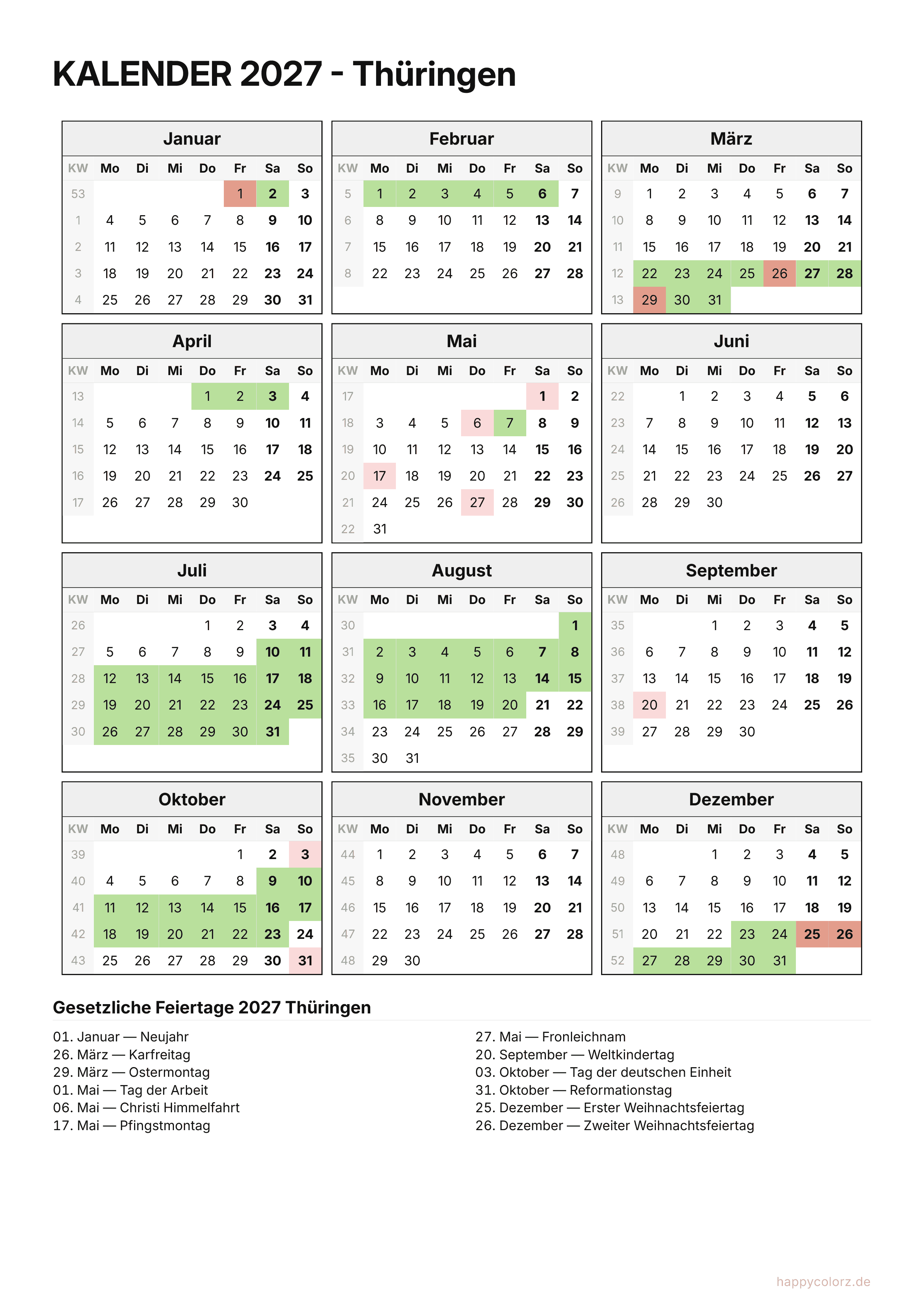 Kalender 2027 Thüringen zum Ausdrucken