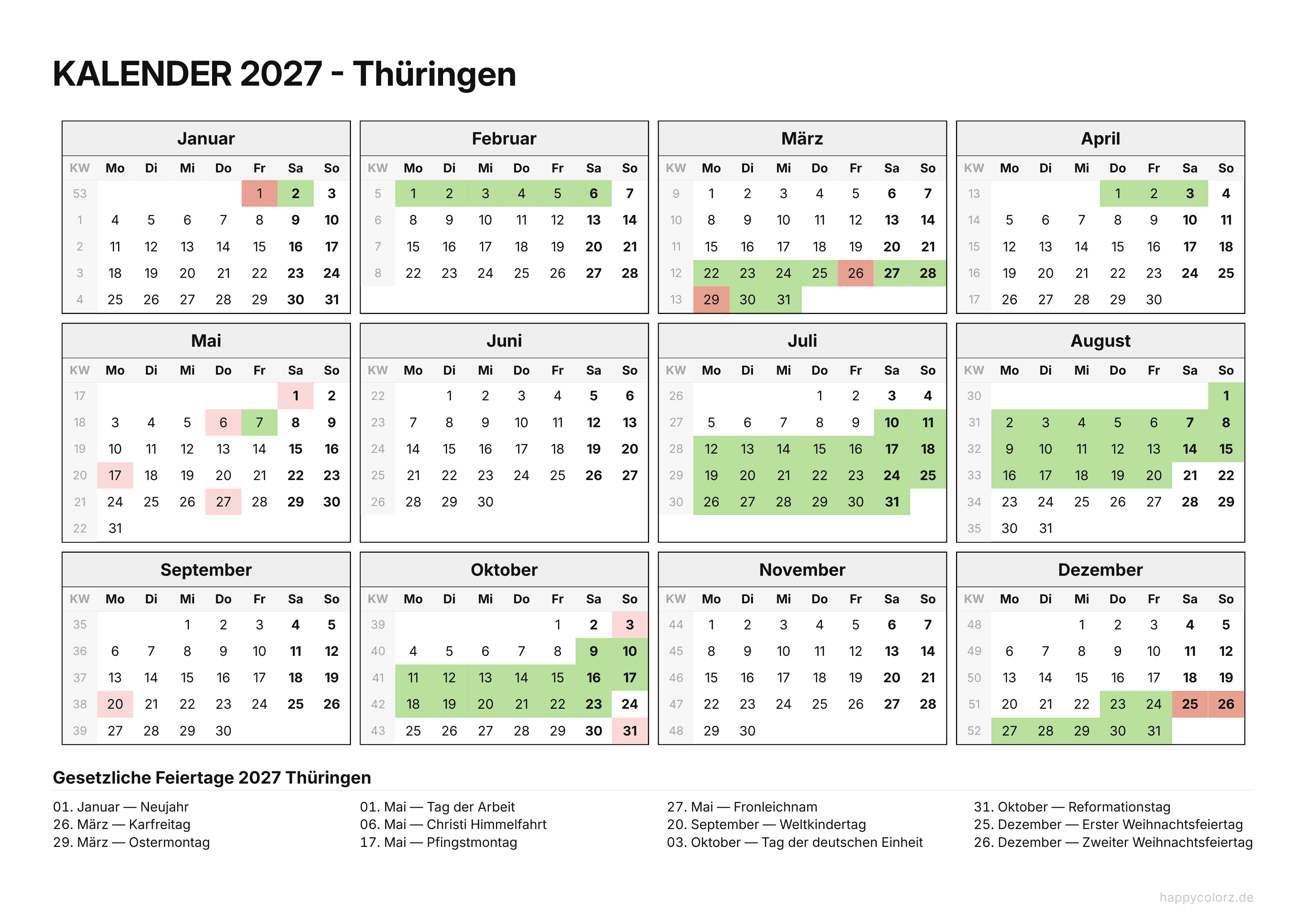 Kalender 2027 Thüringen zum Ausdrucken