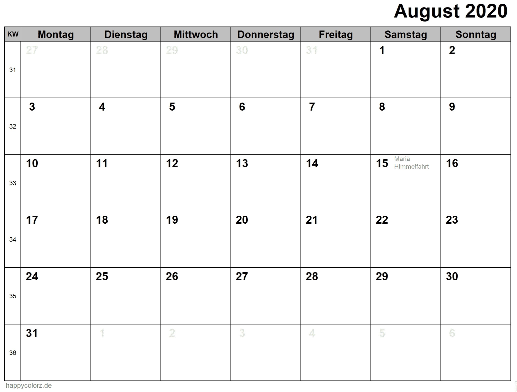 Kalender August 2020 zum Ausdrucken