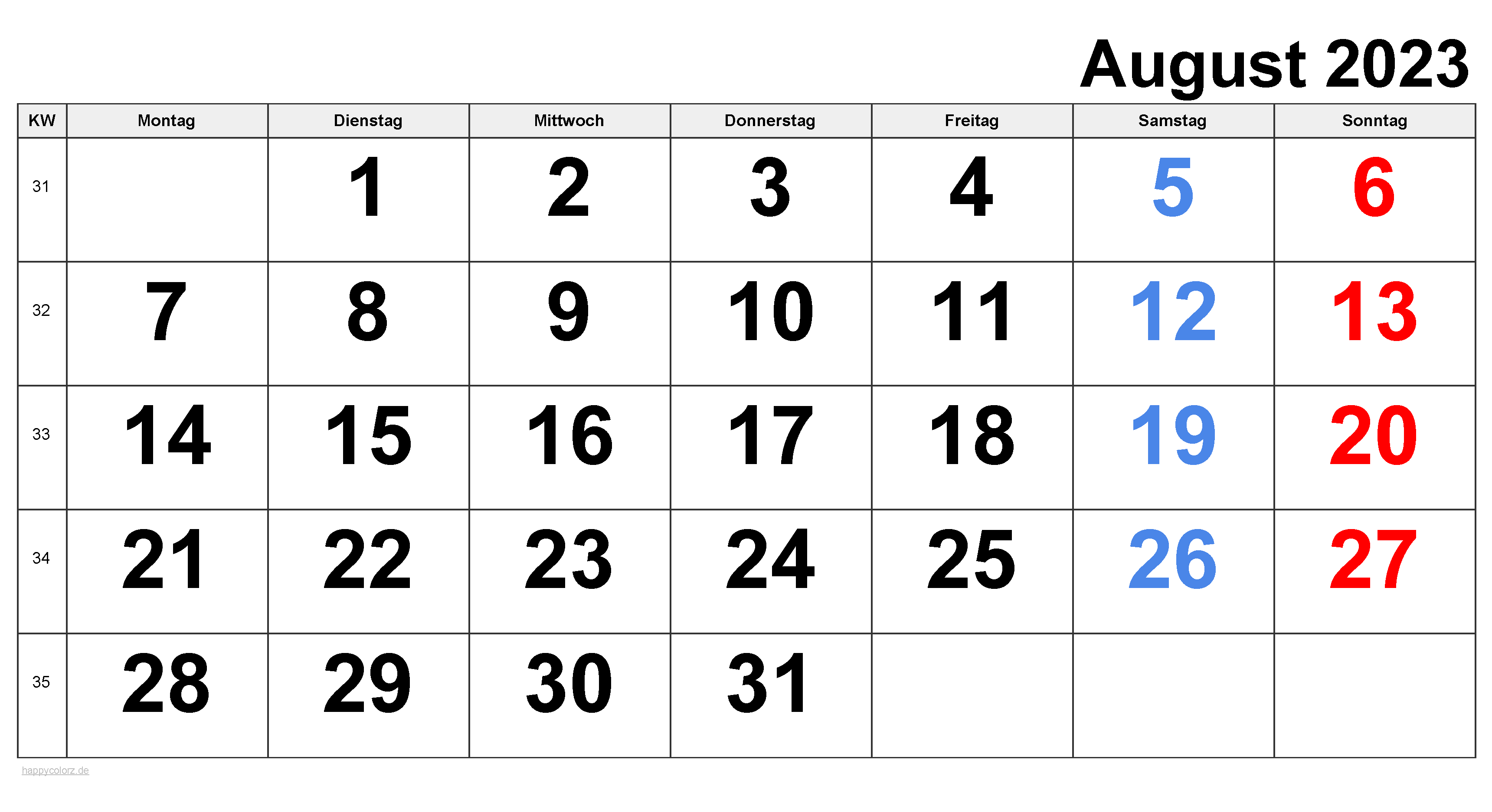 Kalender August 2023 zum Ausdrucken