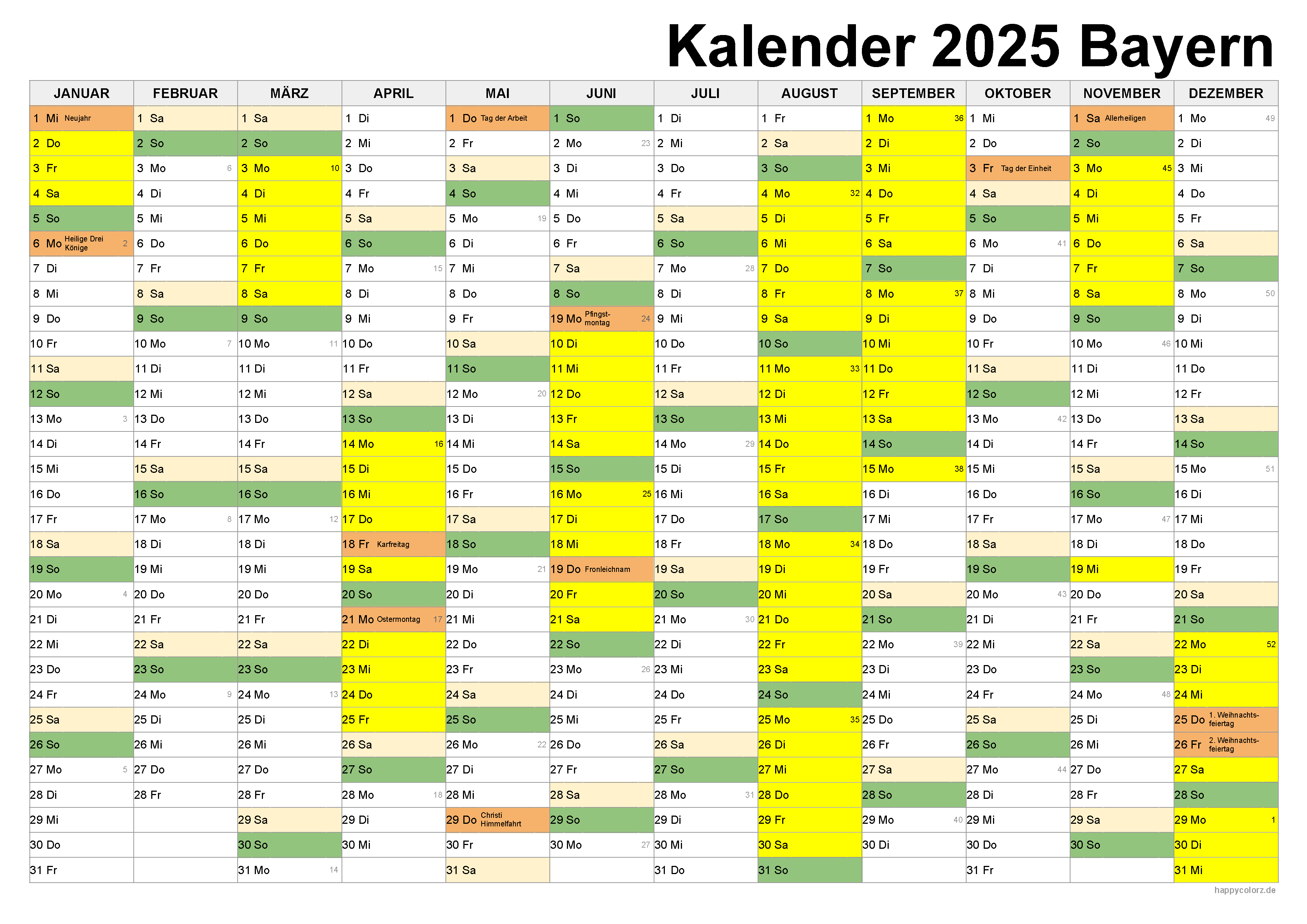 Kalender 2025 Bayern kostenlos: Ferien-Übersicht, Feiertage, PDF-Vorlagen  happycolorz.de