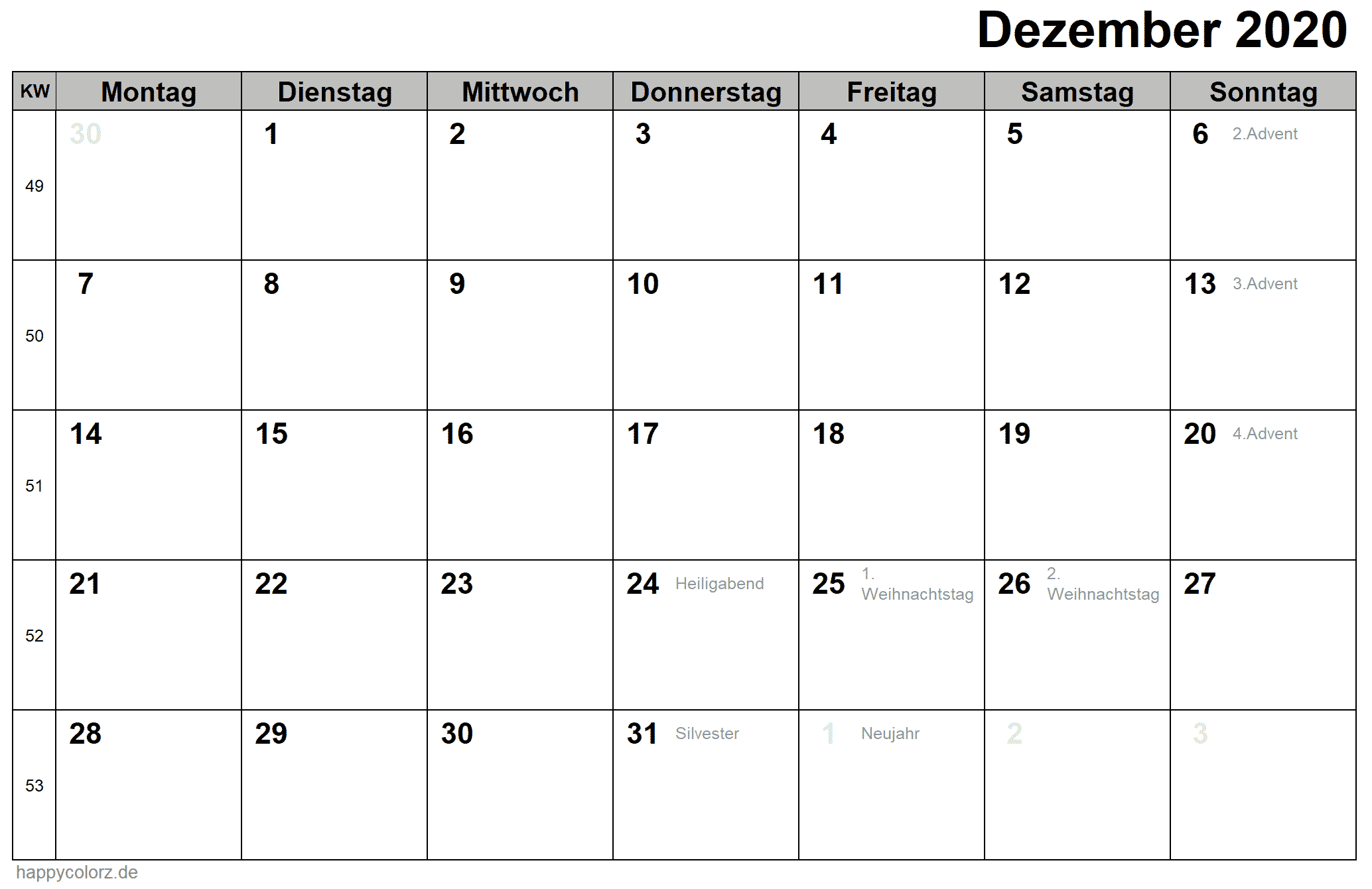Kalender Dezember 2020 zum Ausdrucken