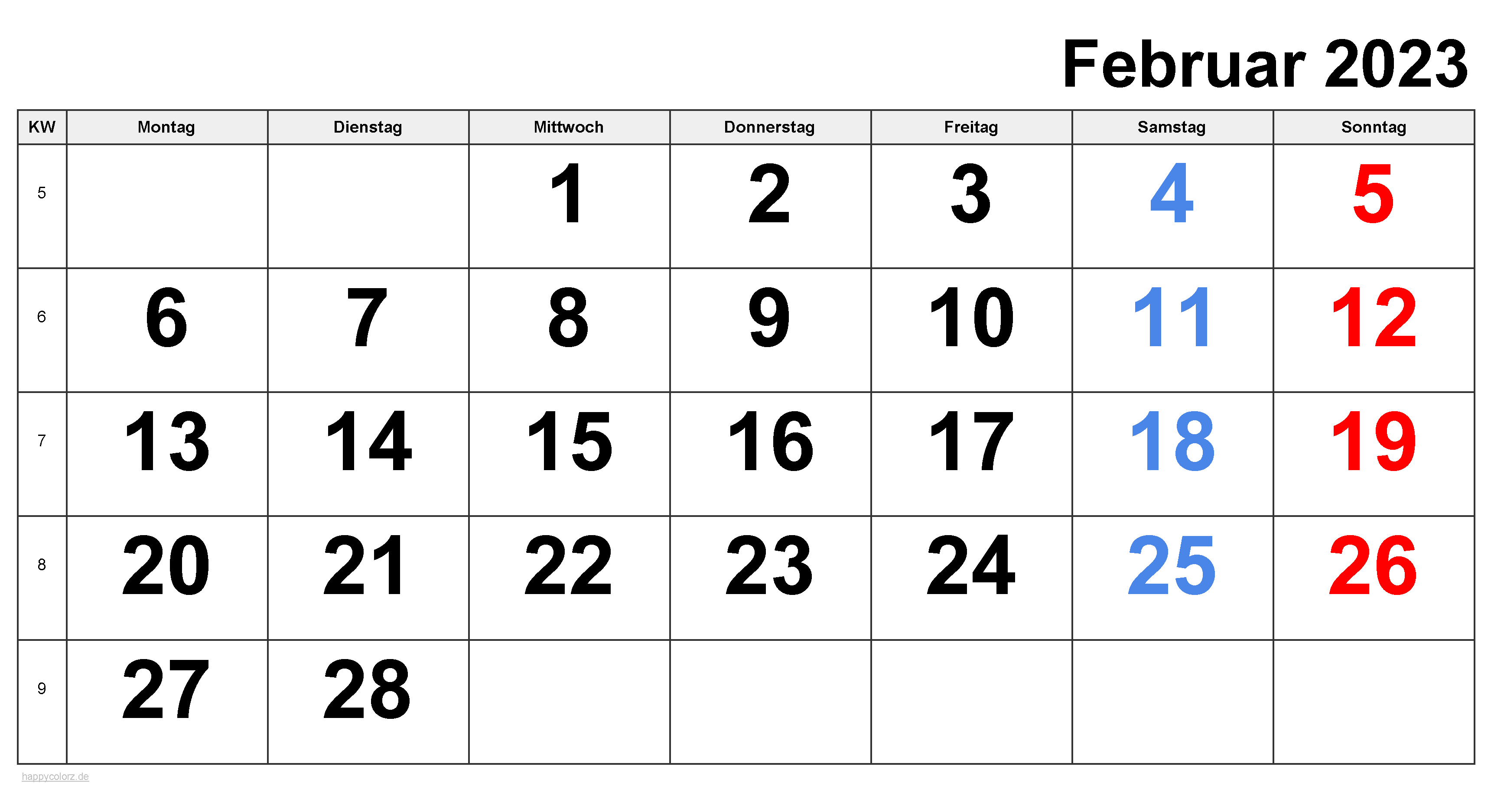 Kalender Februar 2023 zum Ausdrucken