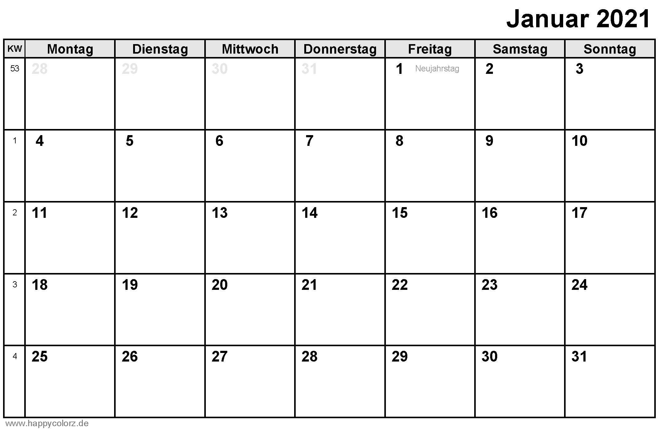 Kalender Januar 2021 zum Ausdrucken