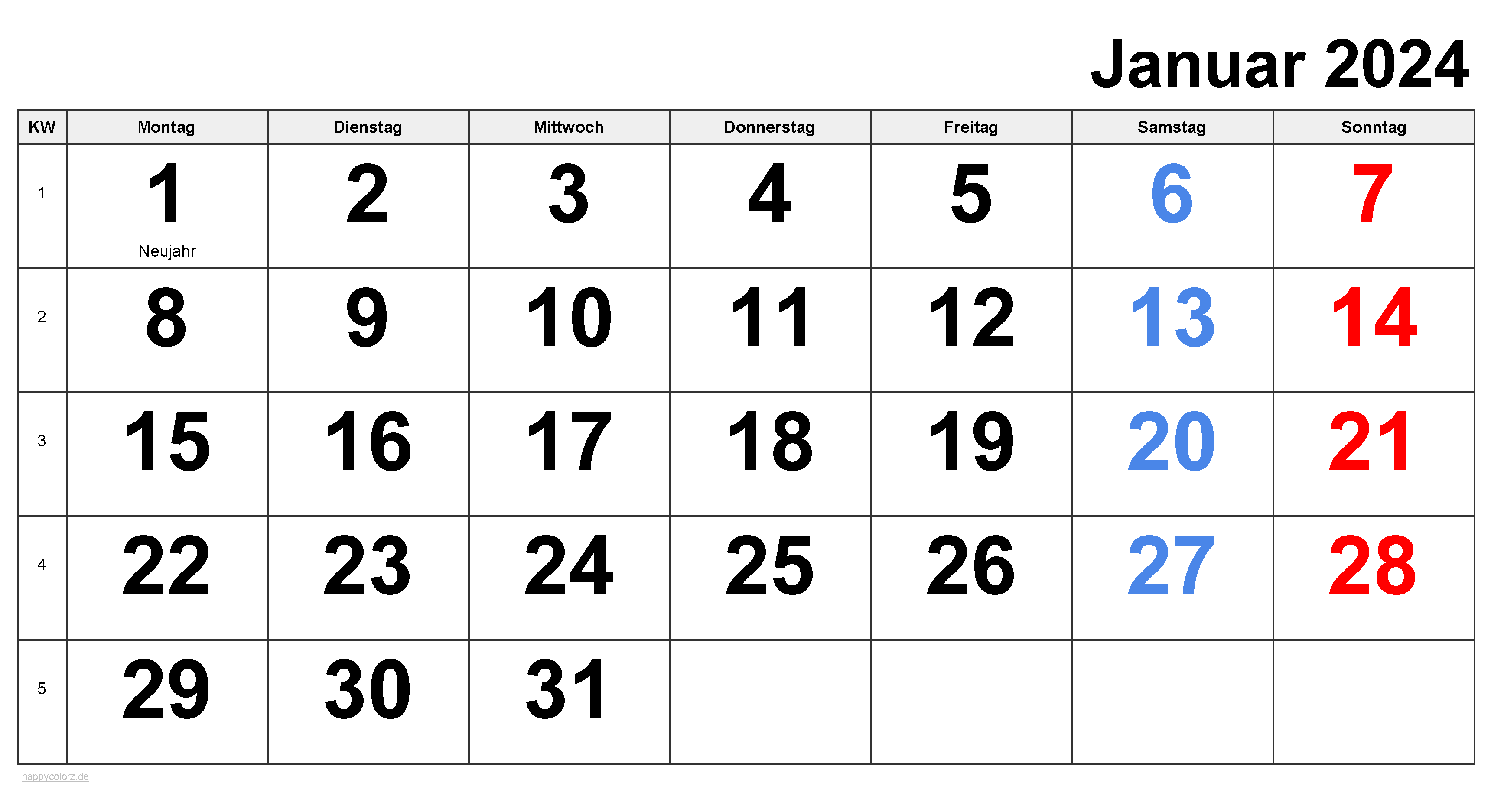 Kalender Januar 2024 zum Ausdrucken
