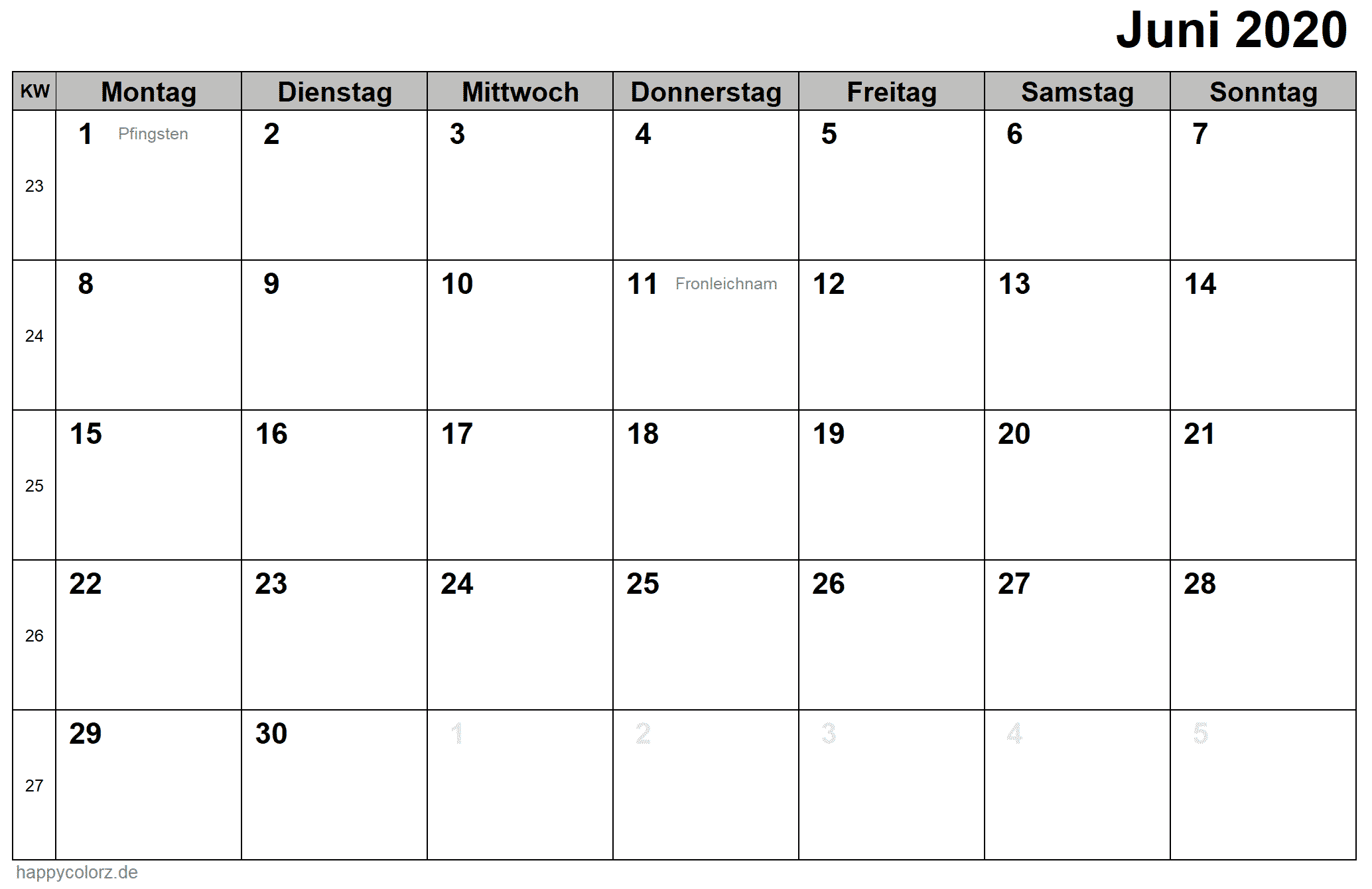 Kalender Juni 2020 zum Ausdrucken