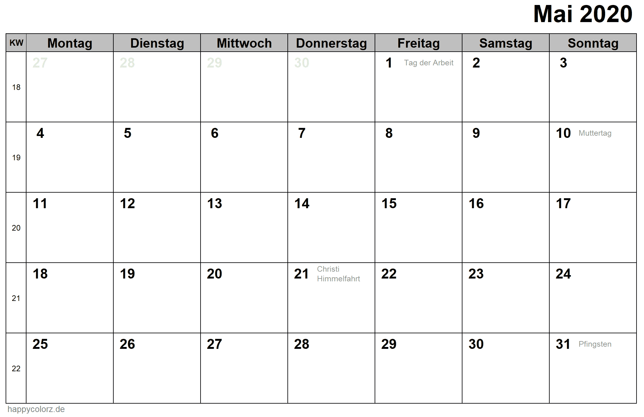 Kalender Mai 2020 zum Ausdrucken