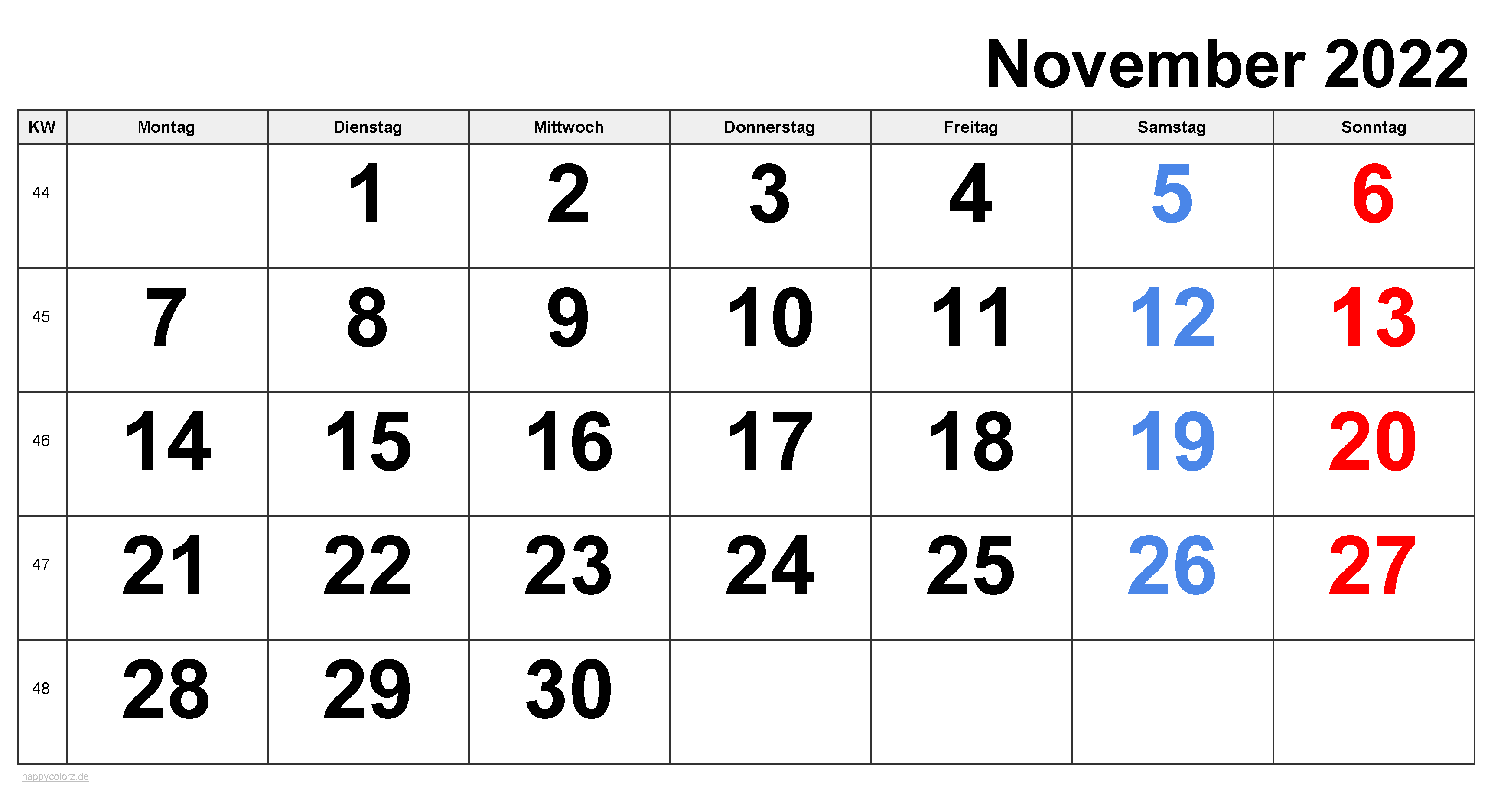 Kalender November 2022 zum Ausdrucken