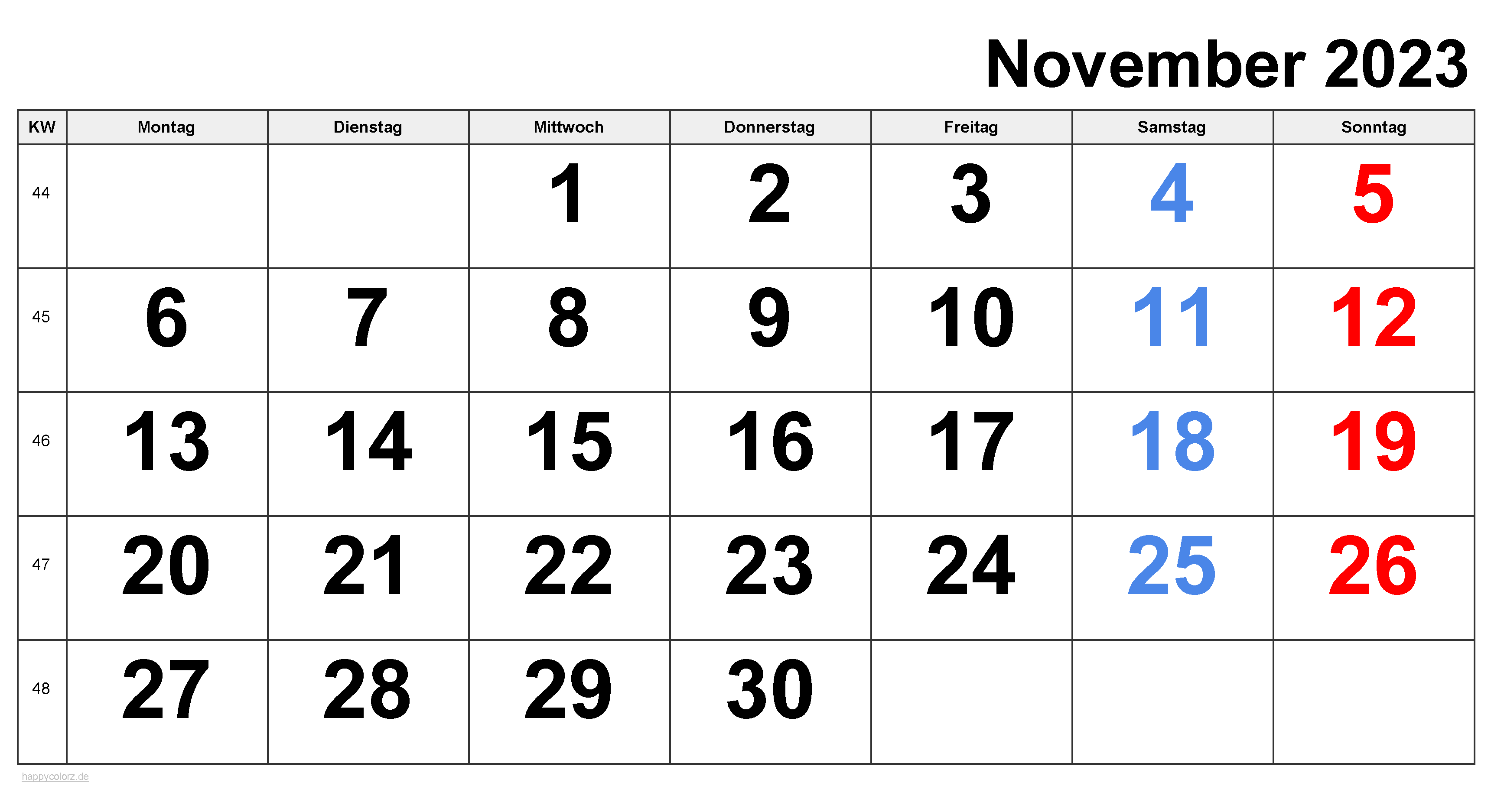 Kalender November 2023 zum Ausdrucken