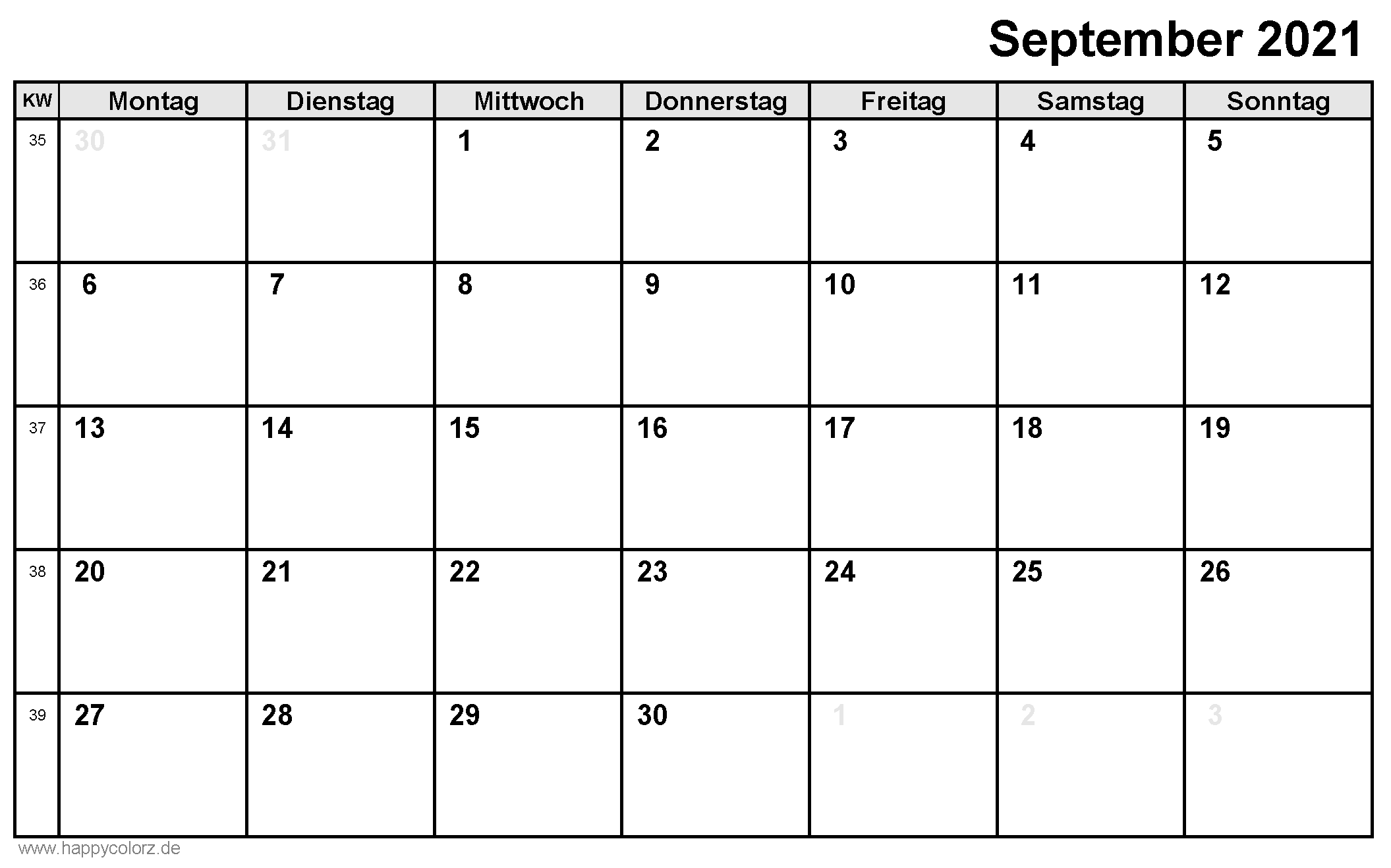 Kalender September 2021 zum Ausdrucken