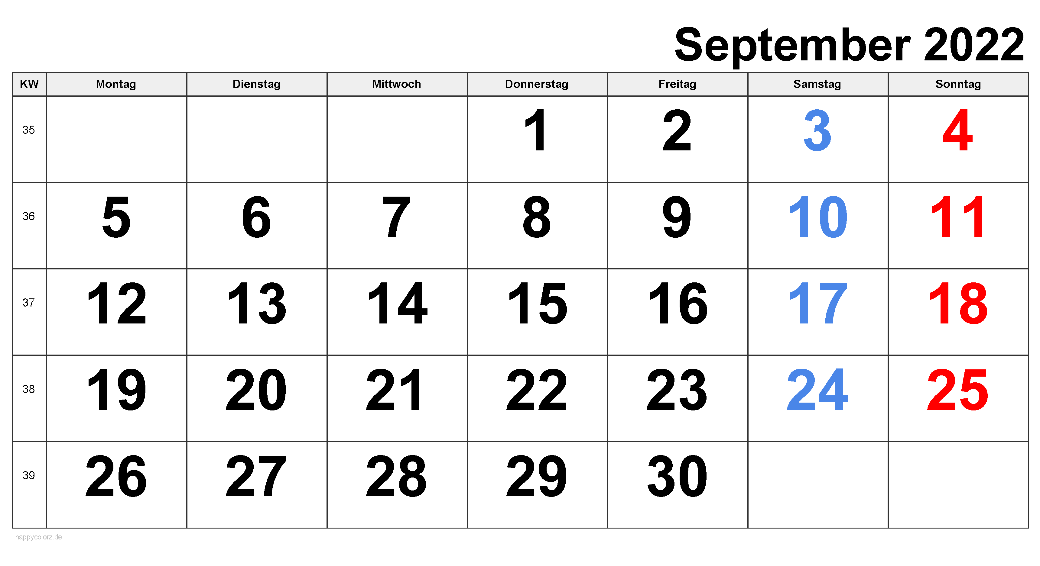 Kalender September 2022 zum Ausdrucken