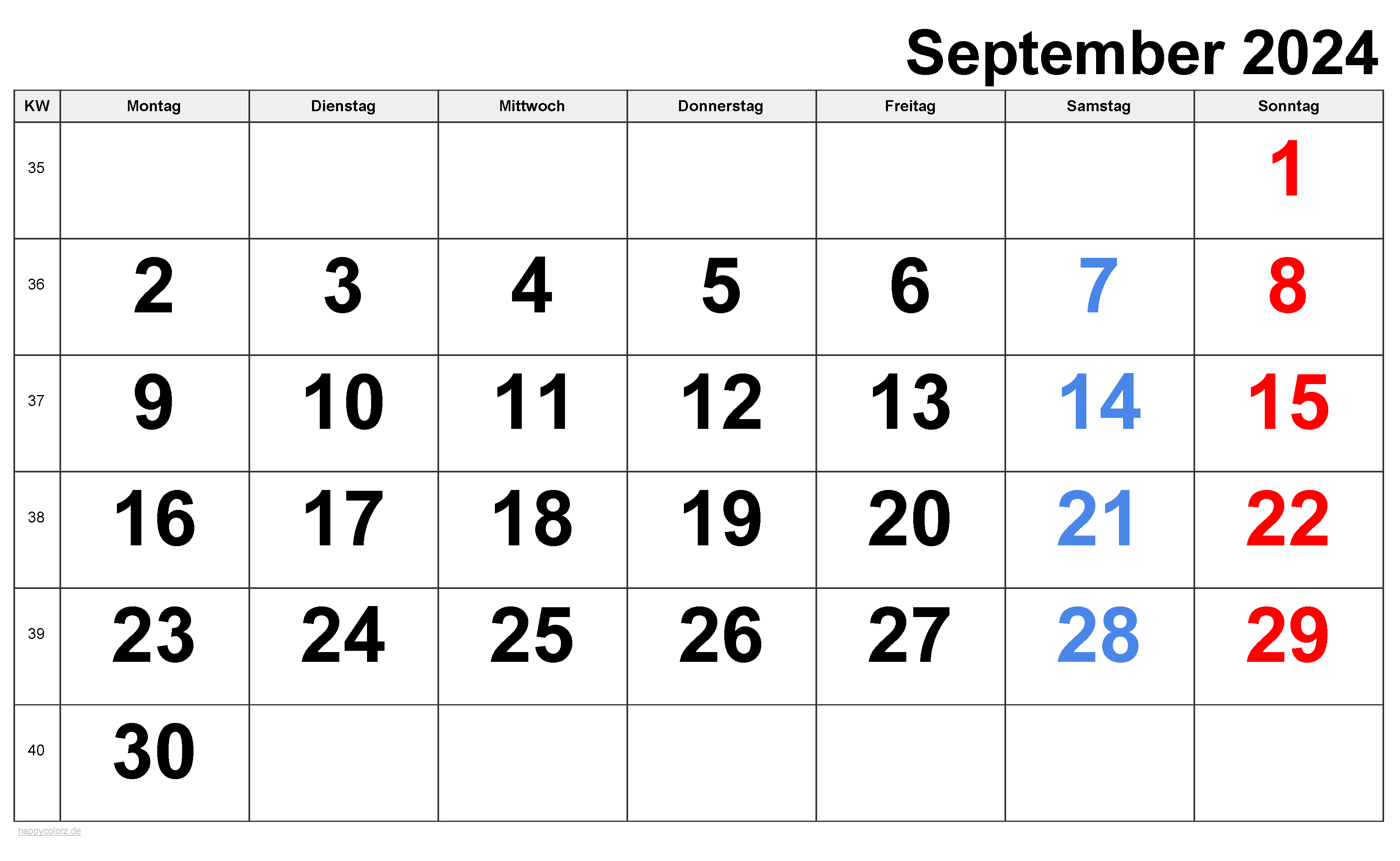 Kalender September 2024 zum Ausdrucken