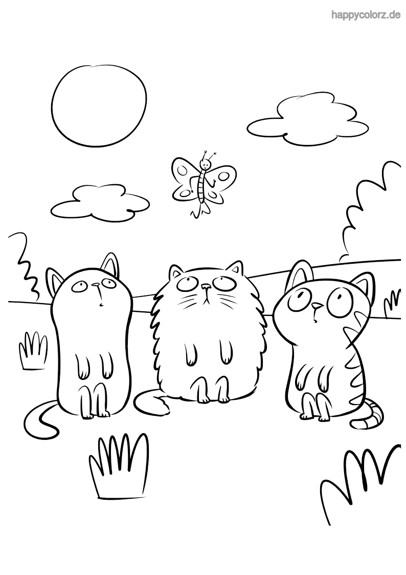 Ausmalbild Katzen mit Schmetterling