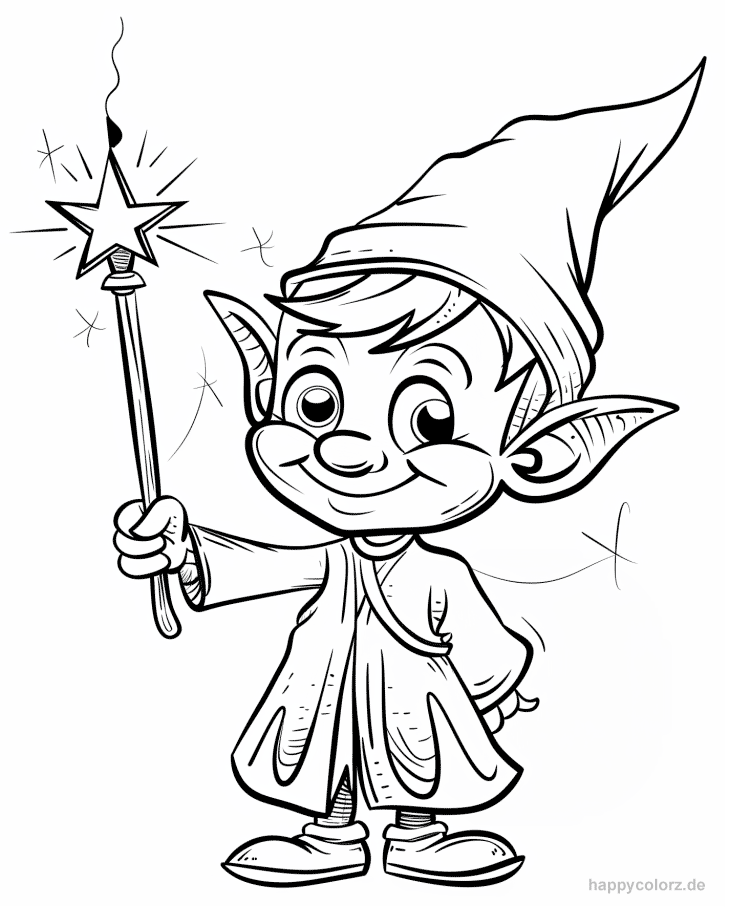 Cartoon Elf mit Zauberstab Ausmalbild