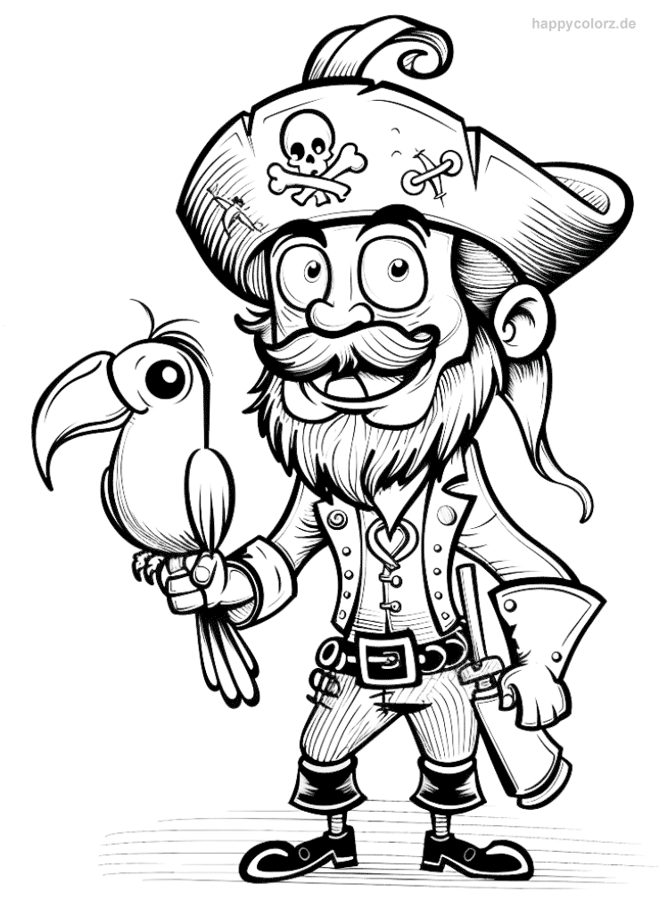 Ausmalbild Cartoon Pirat mit Papagei