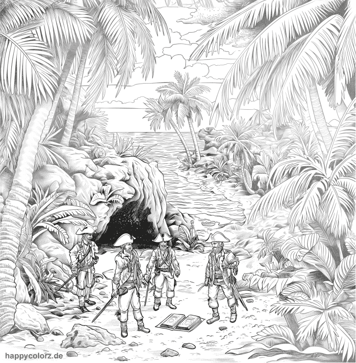 Piraten auf einer Insel bei der Schatzsuche Malvorlage