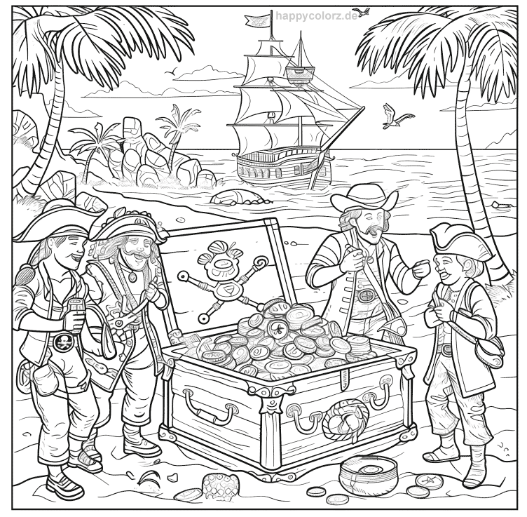 Piraten mit Schatzkiste am Strand Malvorlage