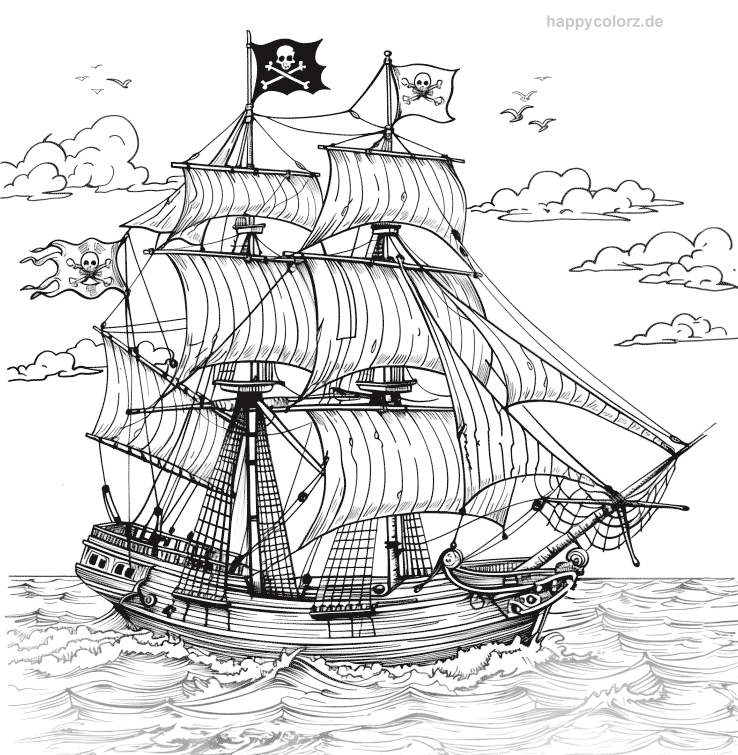 Piratenschiff mit Piratenflagge Ausmalbild