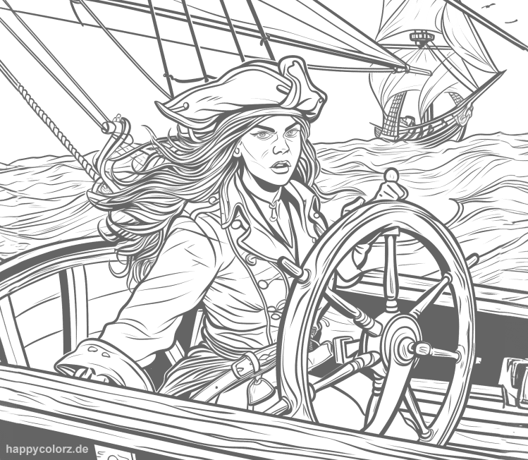 Ausmalbild Piratin am Steuer eines Segelboots